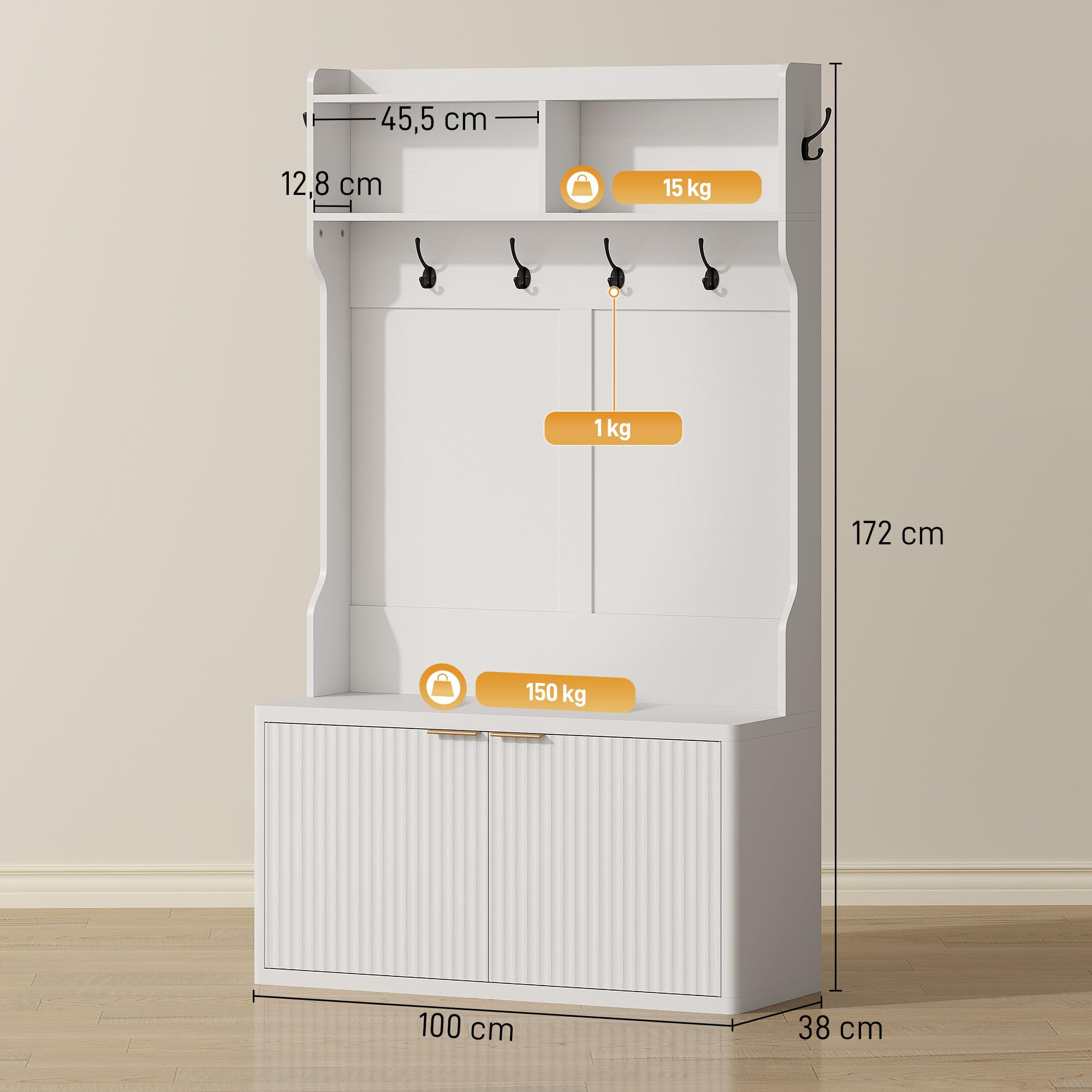 HOMCOM Perchero Zapatero con 2 Puertas y 6 Ganchos 100x38x172 cm Blanco | Perchero Recibidor Entrada, Estantes Abiertos, para Abrigos Pasillo Dormitorio Salón, Estilo Moderno