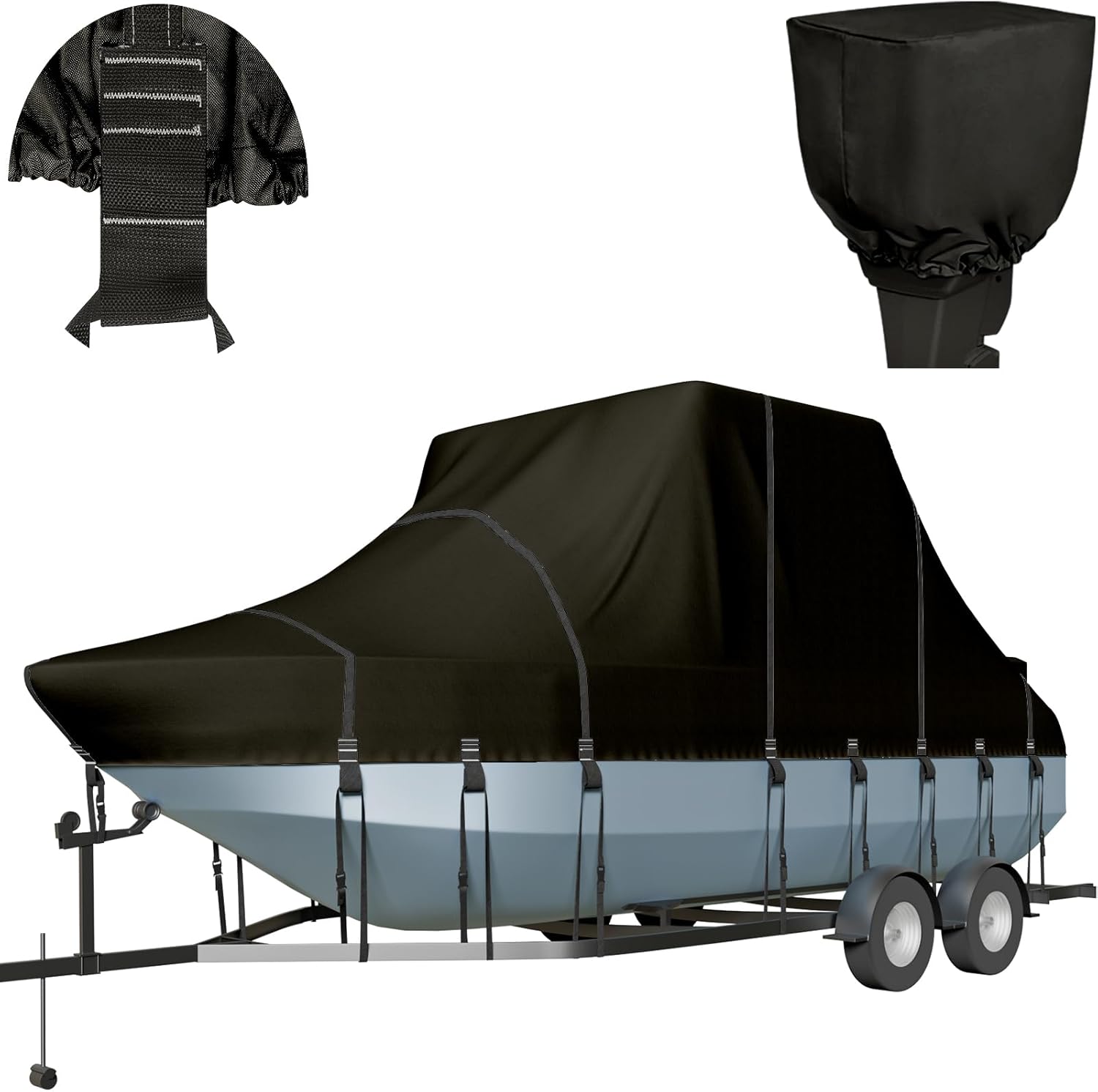 Heavy Duty T-Top Boat Cover Fully 900D Solution Dyed Trailerable T Top Boat Cover with 19 Windproof Straps Fit 19'-21' Long Beam Width Up to 106" Center Console Boat with T Top Roof 19'-21 Long, Beam Width Up to 106" Black