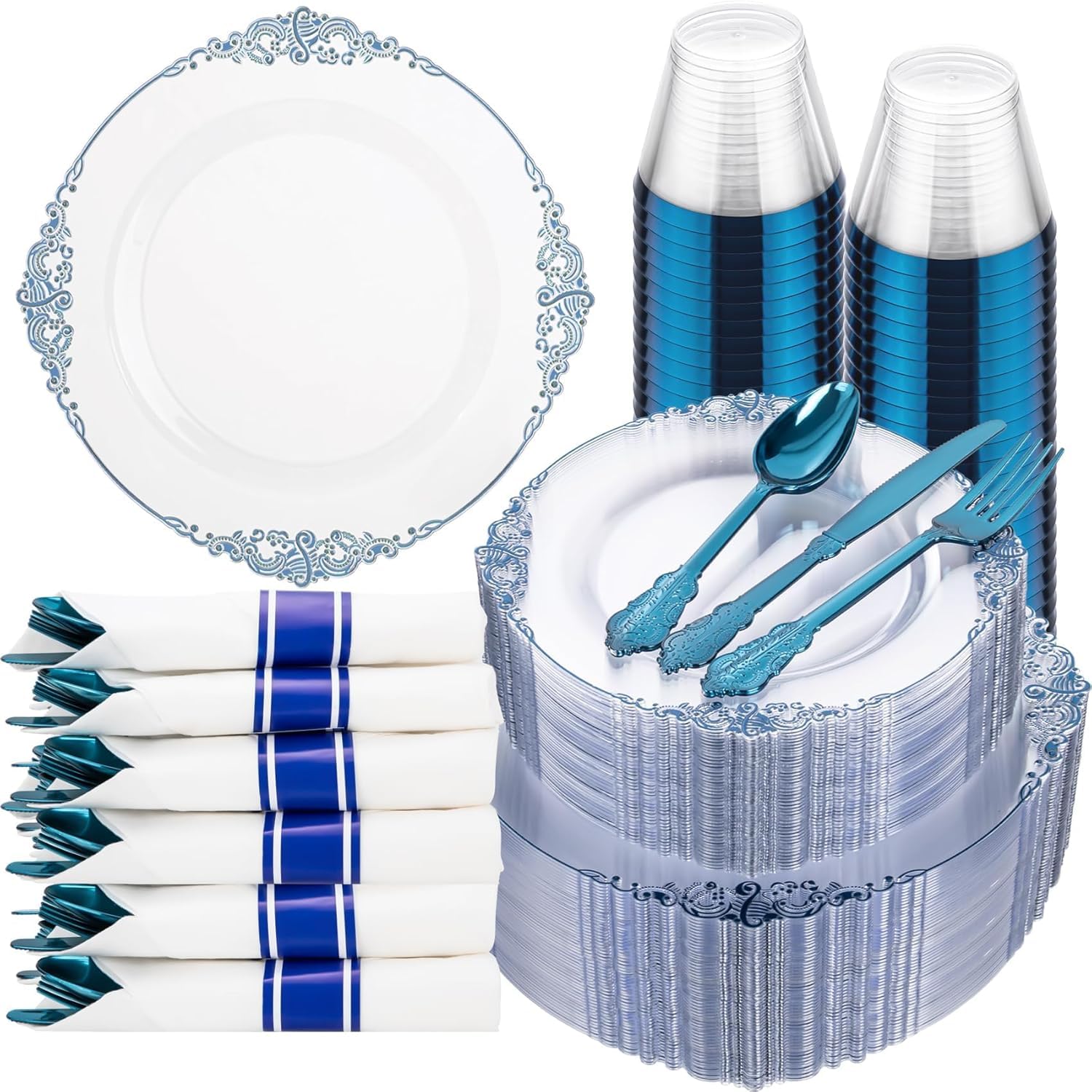 Blue & Silver Plastic Plates - 175 Piece Set -15