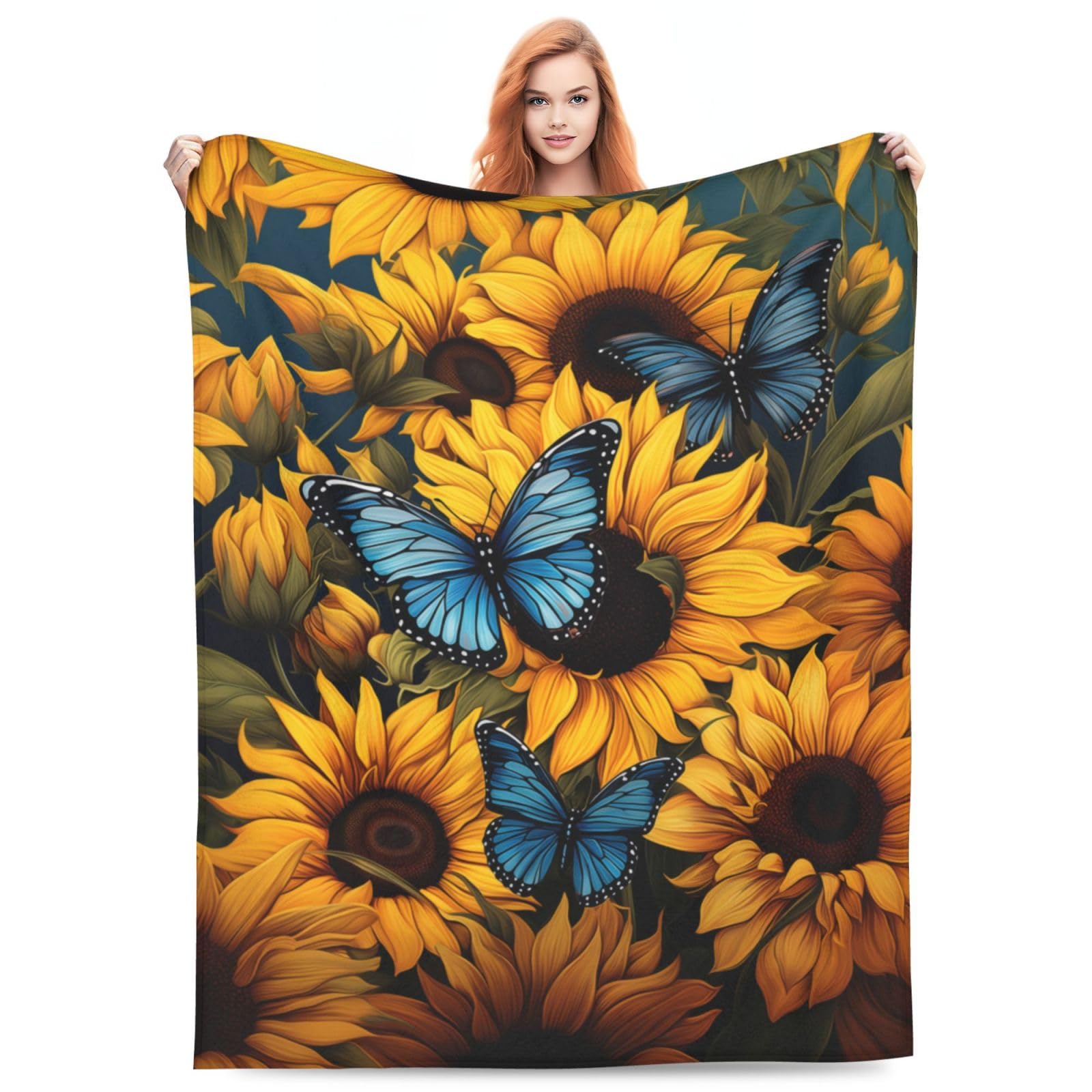 amepay Sunflower Blue Butterfly Blanket Gifts for Grils Women Floral Flannel Throw Blankets for Home Couch Bed Sofa Soft Fuzzy Lightweight Decor All