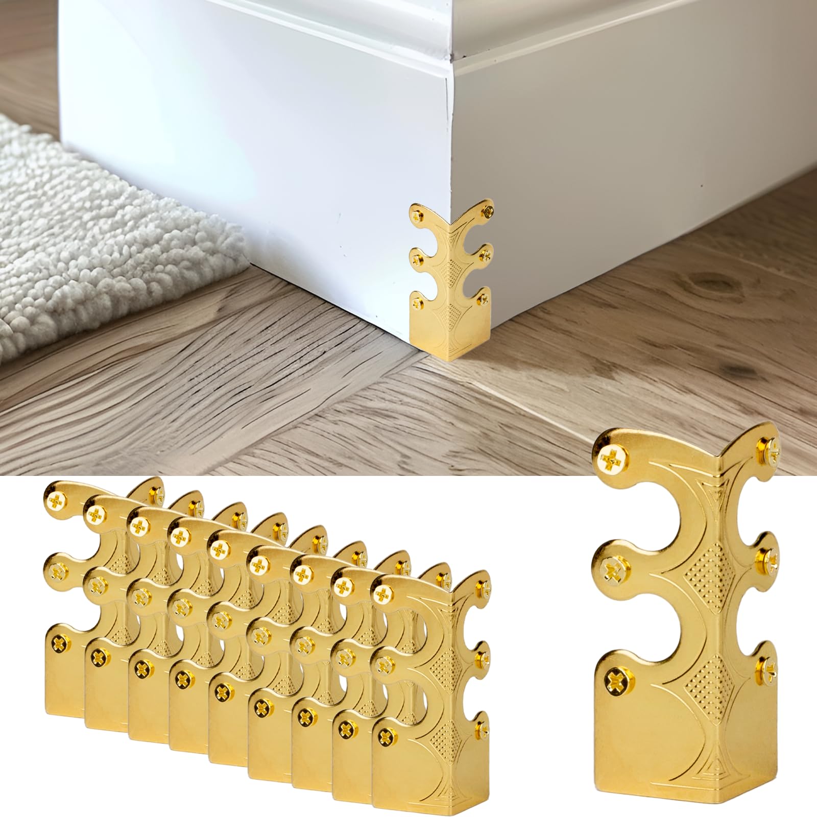 Skiffers Baseboard Corner Protectors, Vintage Metal Covers for Wall Corners, Decorative Skirting Board Protectors (Gold, 10pcs)