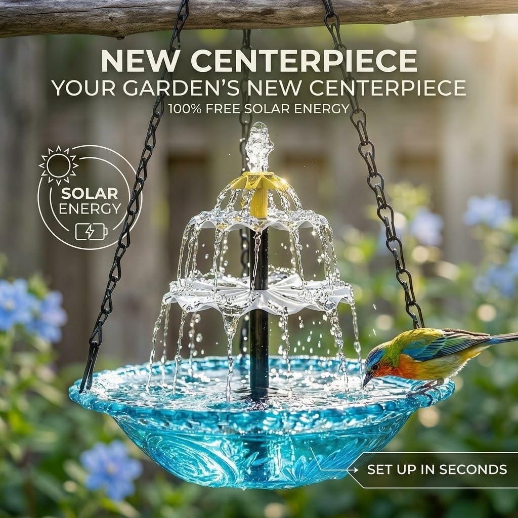 Solar Cascade Hanging Bird Bath Fountain, Solar Powered Hanging Bird Bath with Glass Bowl, Outdoor Hanging Birdbath Water Fountain for Hummingbirds, Garden Patio Yard Decor, Blue (red)