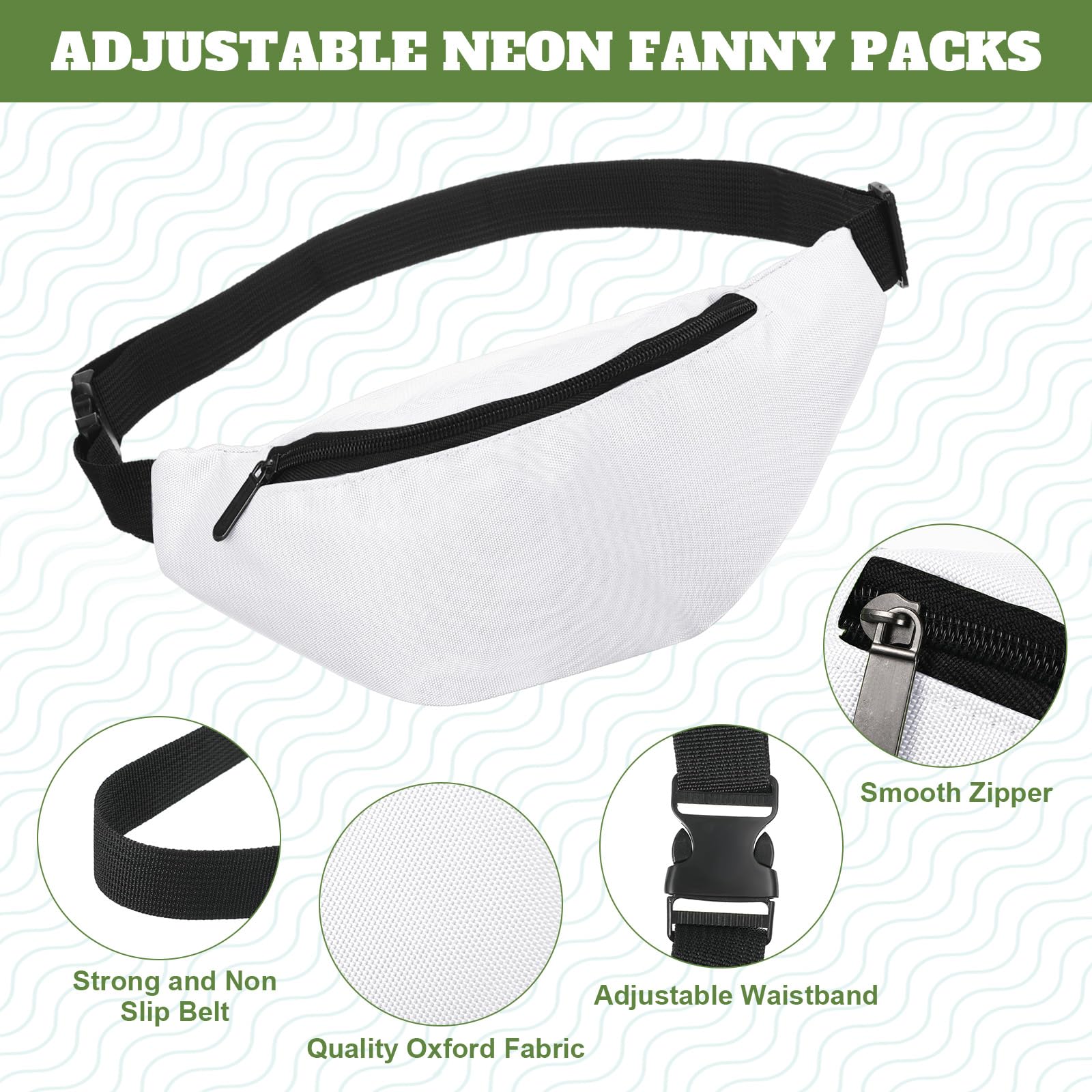 Eccliy Sac banane de course à pied blanc avec sangle réglable et fermeture éclair pour bricolage, randonnée, voyage, vélo, festival, sport, entraînement en plein air, blanc, Classique