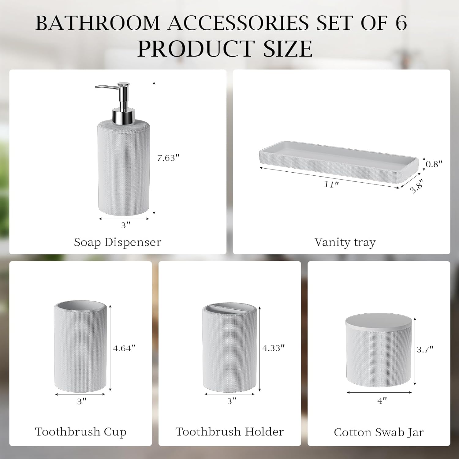 6-Piece White Bathroom Set - Mesh Textured Resin Bathroom Accessories Set with Soap Dispenser, Toothbrush Holder, Cup, Vanity Tray & Apothecary Jars for Small Spaces