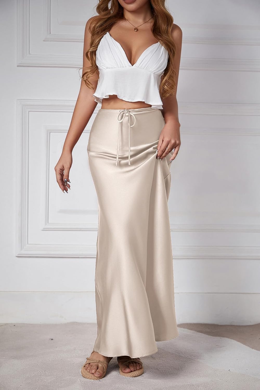 Womens Satin Silk Maxi Skirts Drawstring Flared Casual A-Line Long Skirt for Women - Image 2