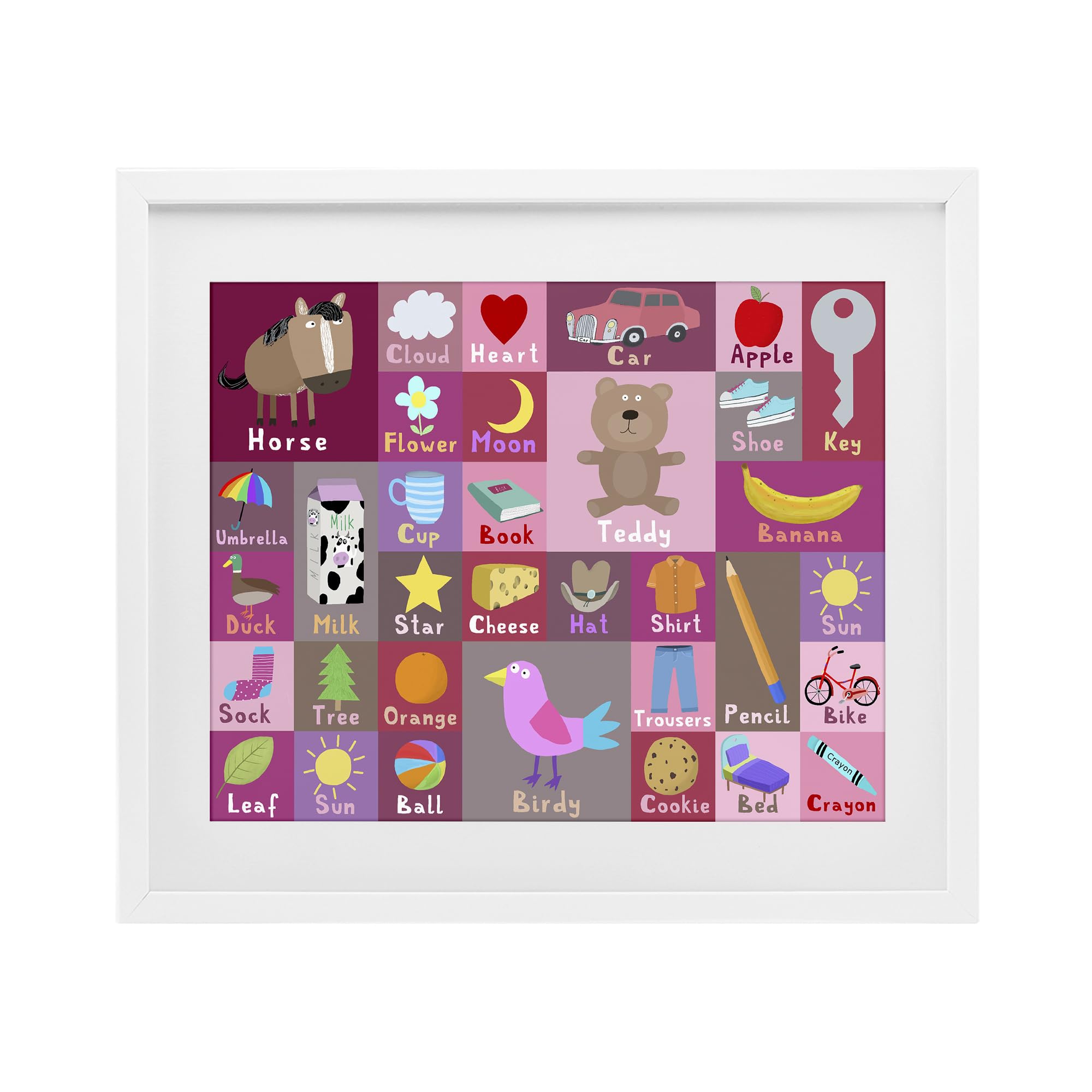 Stupell Industries Coastal White (Textured) 'Pink First Words'| Framed Print Under Glass
