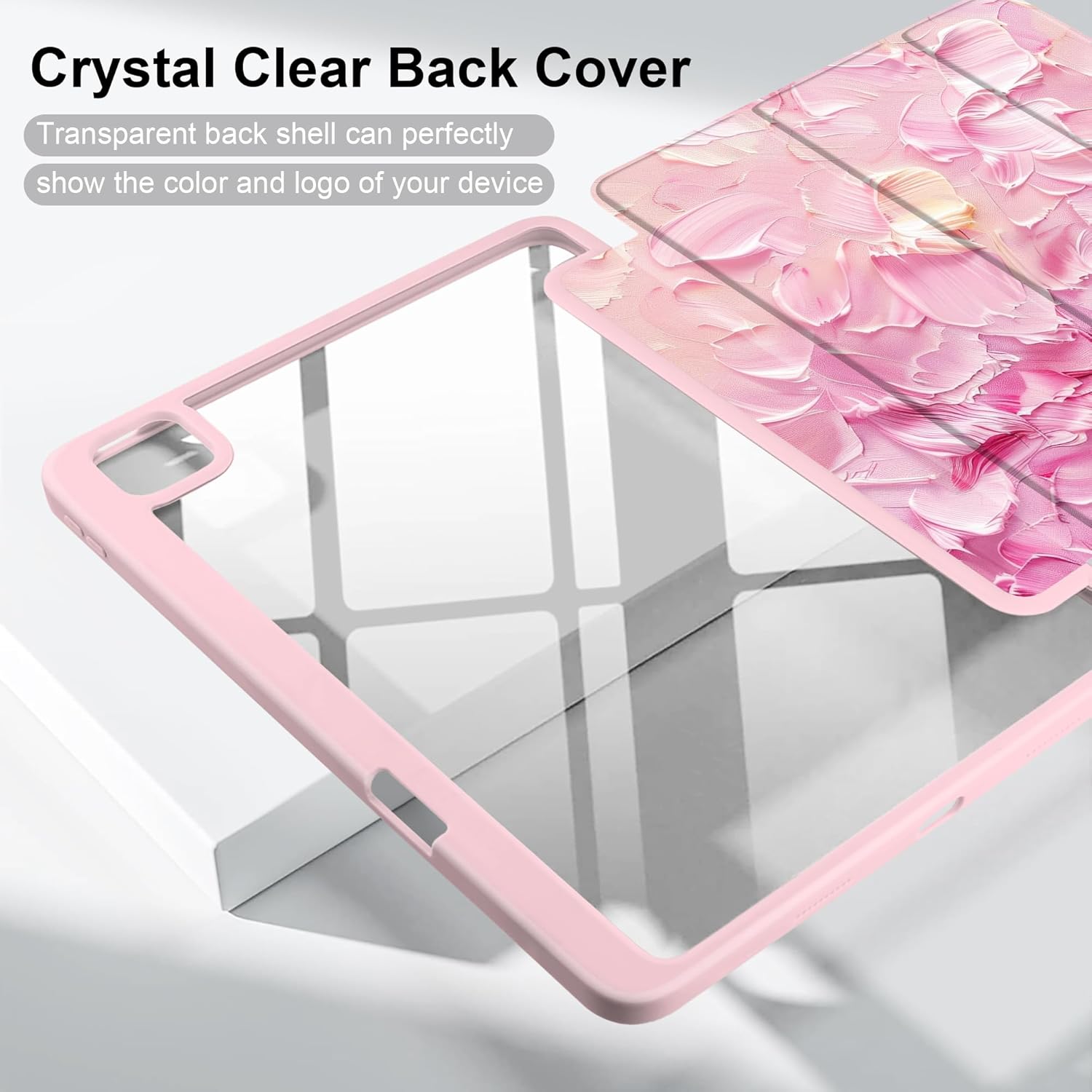 Batianda Case for New iPad Pro 13-inch Case 2025 M5 2024 M4 Chip [Built-in Pencil Holder] Shockproof Cover with Clear Transparent Back Shell Soft TPU Bumper,Auto Sleep/Wake, Pink Relief