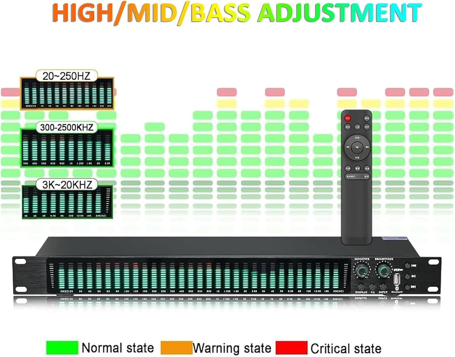 NGARY Égaliseur Numérique 31 Bandes, Égaliseur Audio Graphique Stéréo, avec 21 Effets Préréglés, Réglage des Basses/médiums/aigus, Réduction Automatique du Bruit, Format Rack 1u, pour Studio