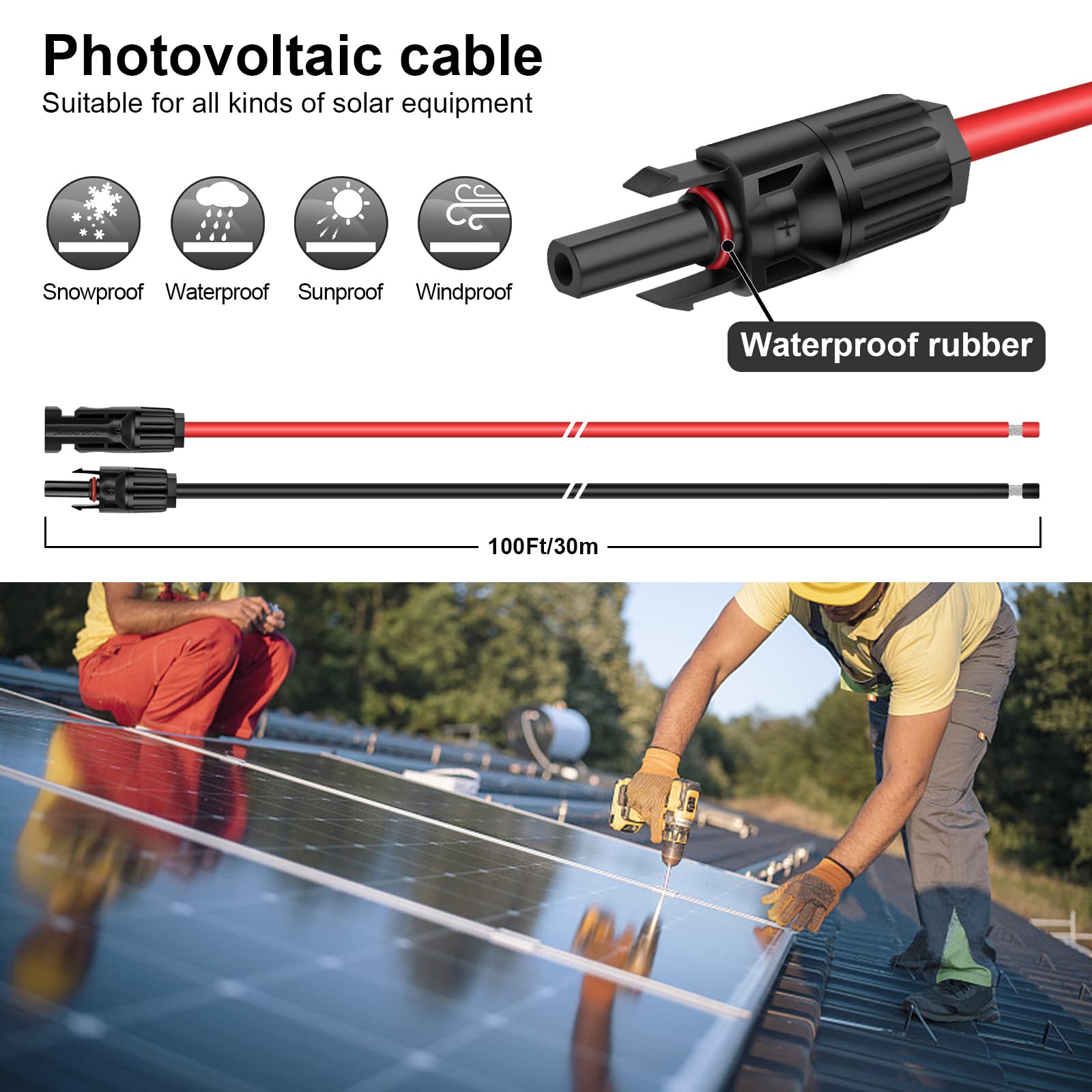 iGreely Cavo di prolunga per pannelli solari, 100 piedi (6 mm²), cavo di prolunga solare con connettore femmina e maschio, adattatore per cablaggio pannello solare (100 m rosso + 100 m nero)