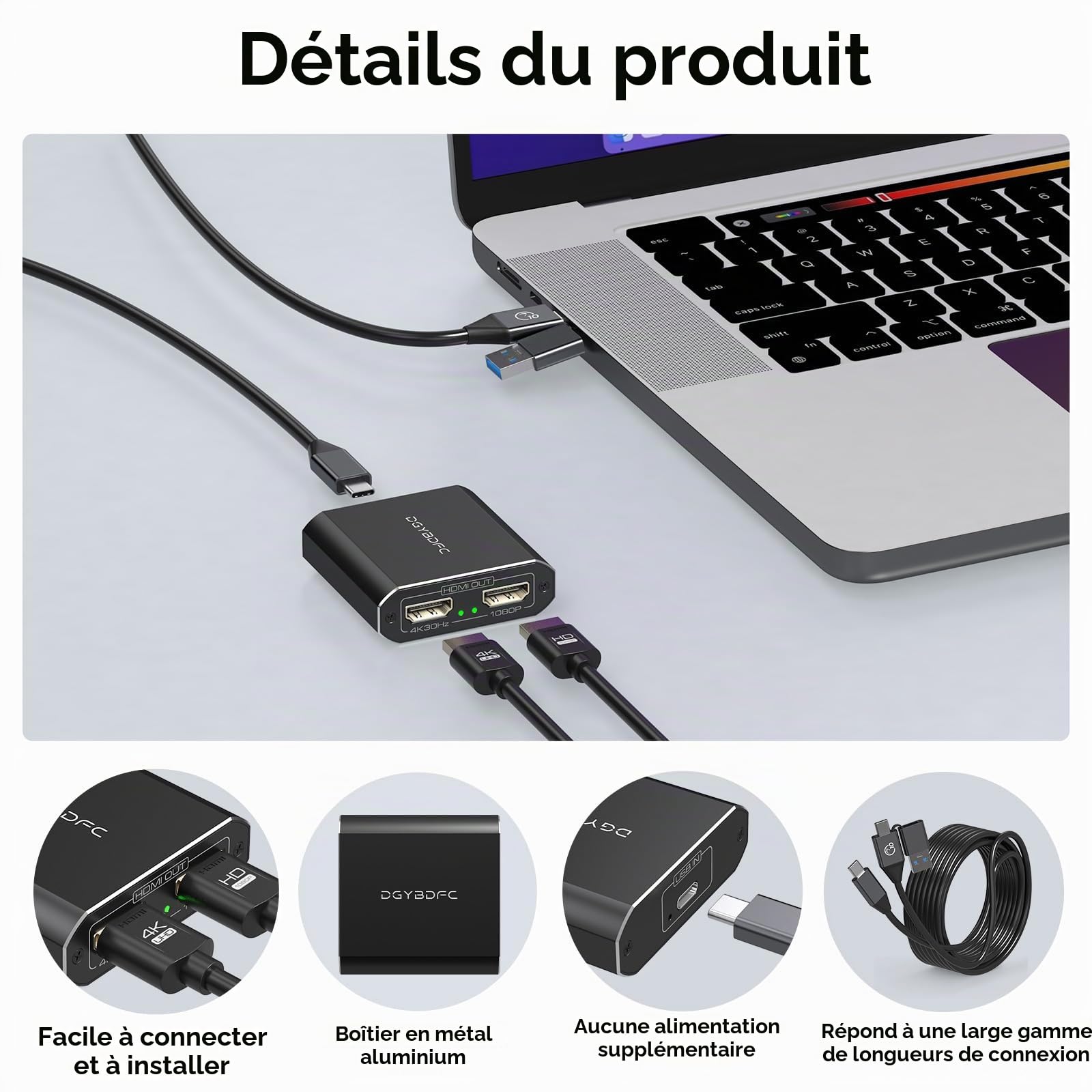 Adaptateur USB 3.0 vers HDMI 1 in 2 Out Extended Display Dual Monitors USBA & USBC vers 2 HDMI Splitter 4K 30Hz+1080p 60Hz pour Ordinateur Portable MacOS Supporte Le Mode MST/SST