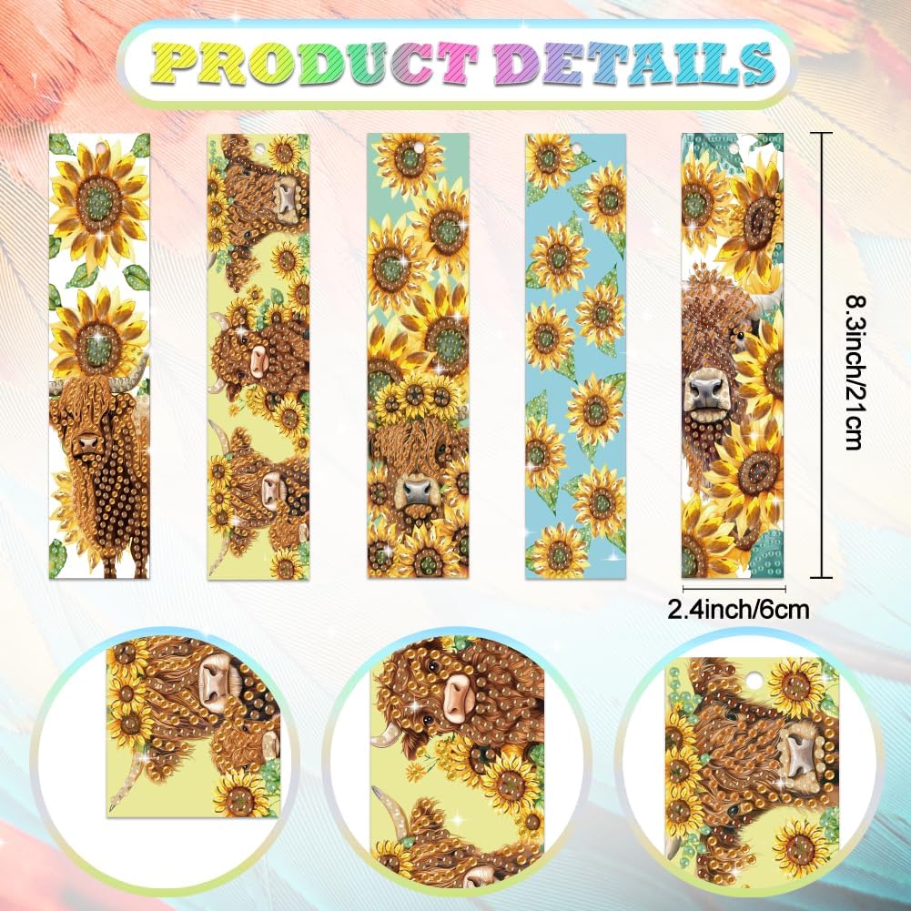 10Pcs Highland Cow and Sunflower 5D Diamond Art Bookmarks Starry Sky Diamond DIY Painting Bookmarks Rhinestones Beaded Acrylic Tassel Bookmark for Adult Beginner Crafts