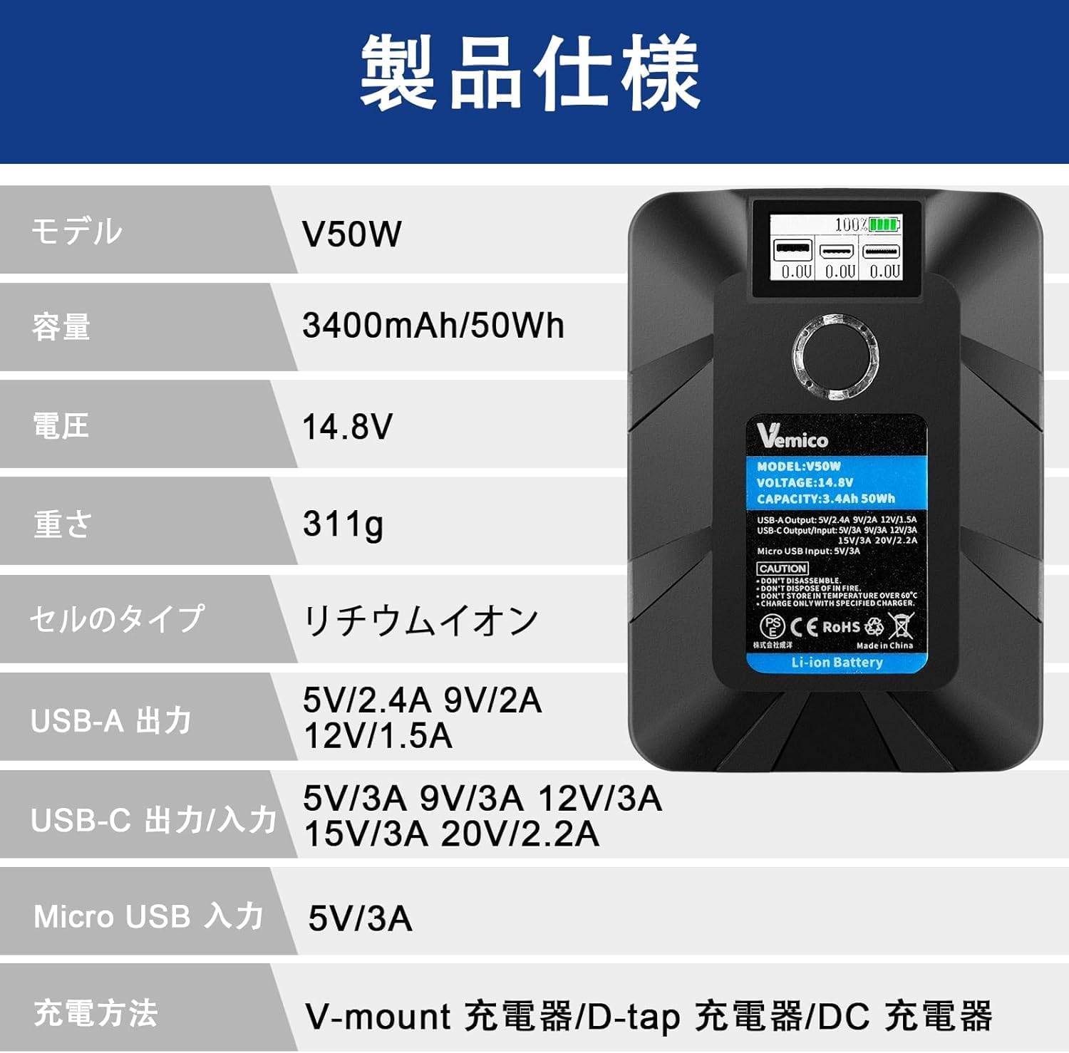 Amazon | Vemico ミニVマウントバッテリー Vマウントバッテリー 大容量 