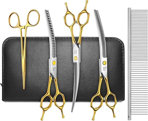 CITYWISH Dog Grooming Scissors,Curved Thinning Shears Curved Chunkers Shears with Safety Round Tips, Sharp and Comfortable 4 in 1 Dog Scissors for Grooming