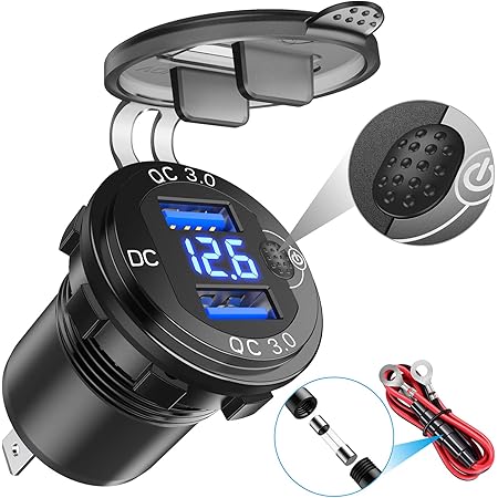 YONHAN [Upgraded Version] Quick Charge 3.0 Dual USB Car Charger with Voltmeter & ON/Off Switch, Metal 36W 12V USB Outlet Fast Charger for Car Boat Marine ATV Truck and More