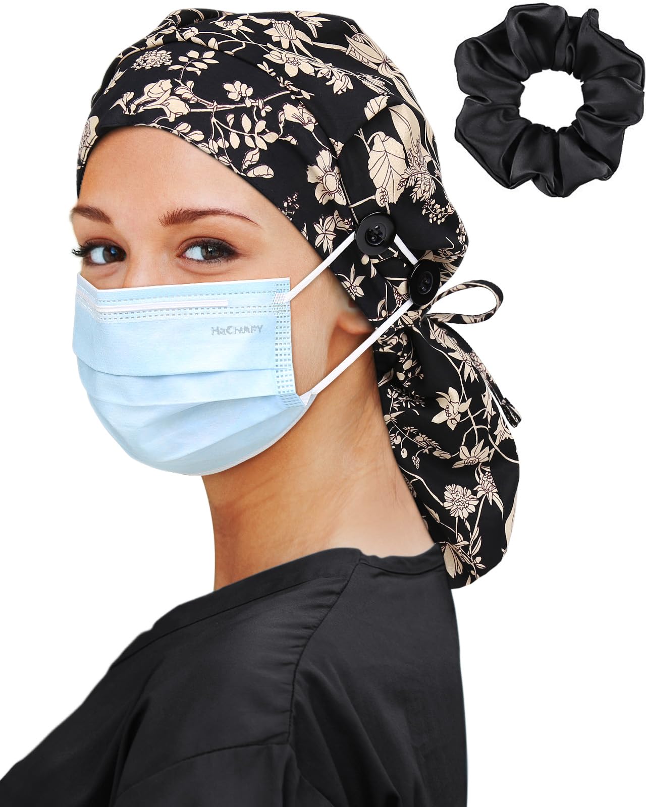 Satin Lined Scrub Cap for Women Extra Large Long Hair Surgical Nurse Cap 4 Buttons