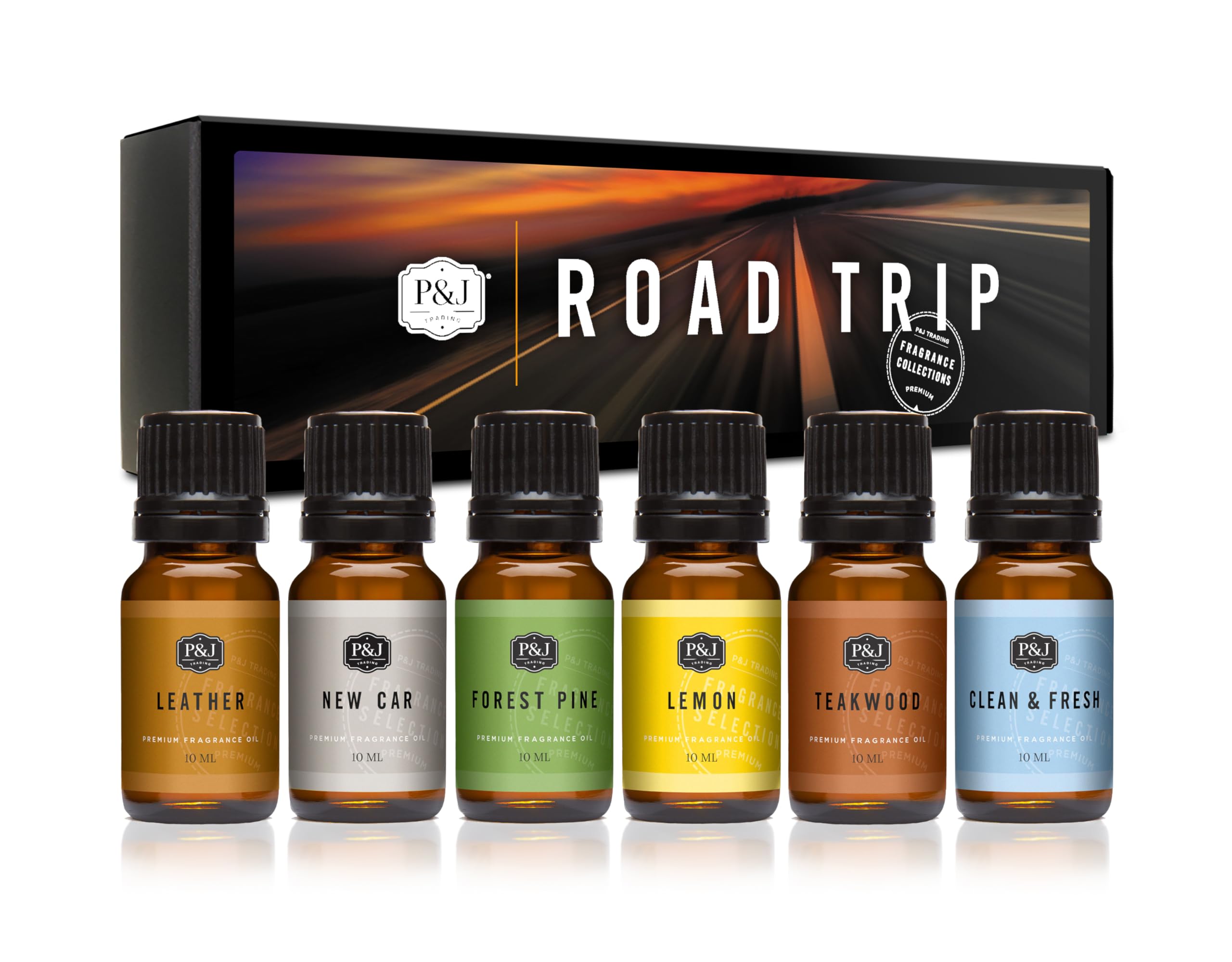 P&amp;J Trading Road Trip Car Fragrance Oil Set – 6 Premium Scents - New Car, Leather, Forest Pine, Lemon, Clean &amp; Fresh, Teakwood – for Car Diffusers, Air Fresheners, Auto Detailing &amp; DIY Crafts