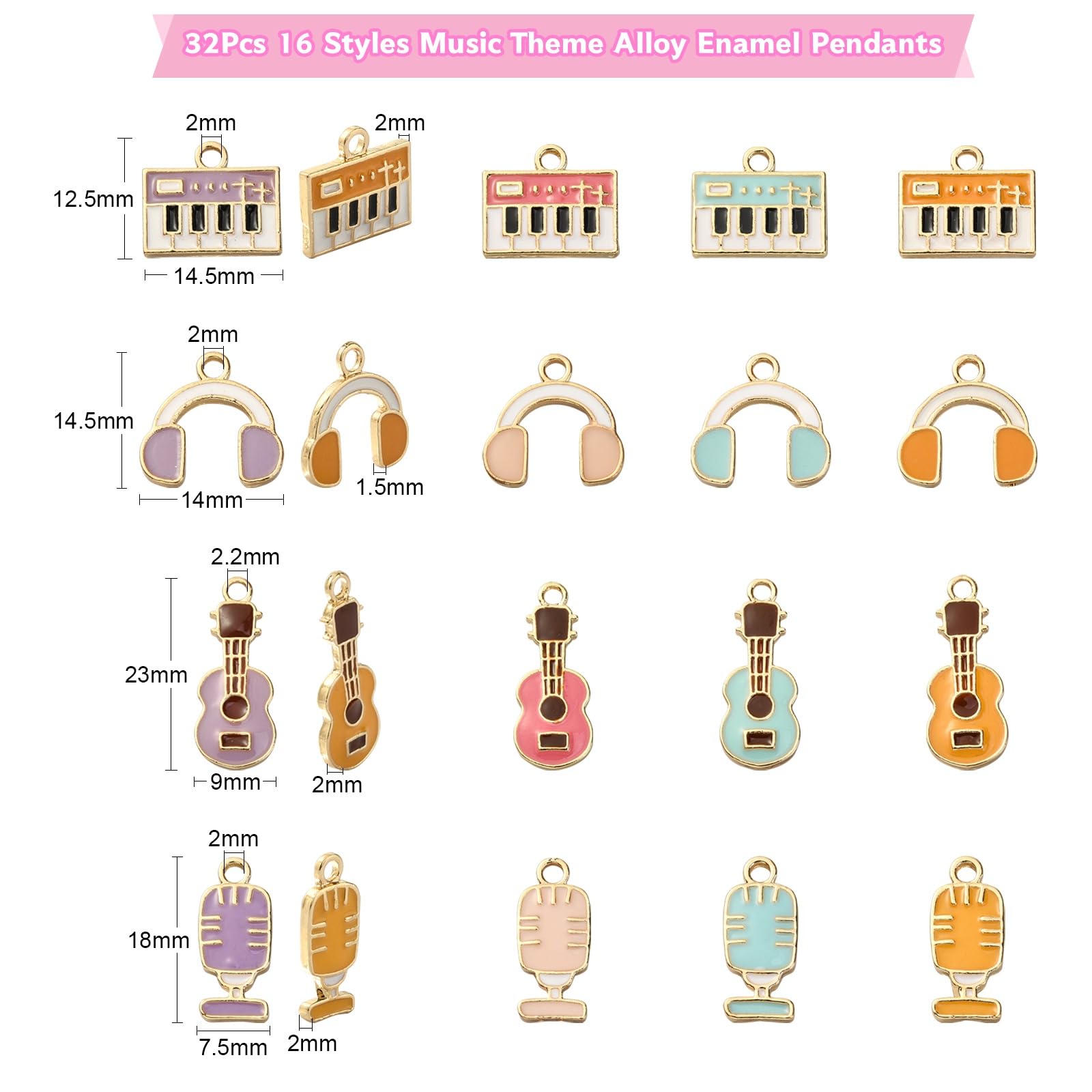Stiesy 32Pcs Enamel Instrument Charms Pendants Music Theme Charms Earphone Guitar Microphone Dangle Charms for Jewellry Making DIY Crafts - Image 2