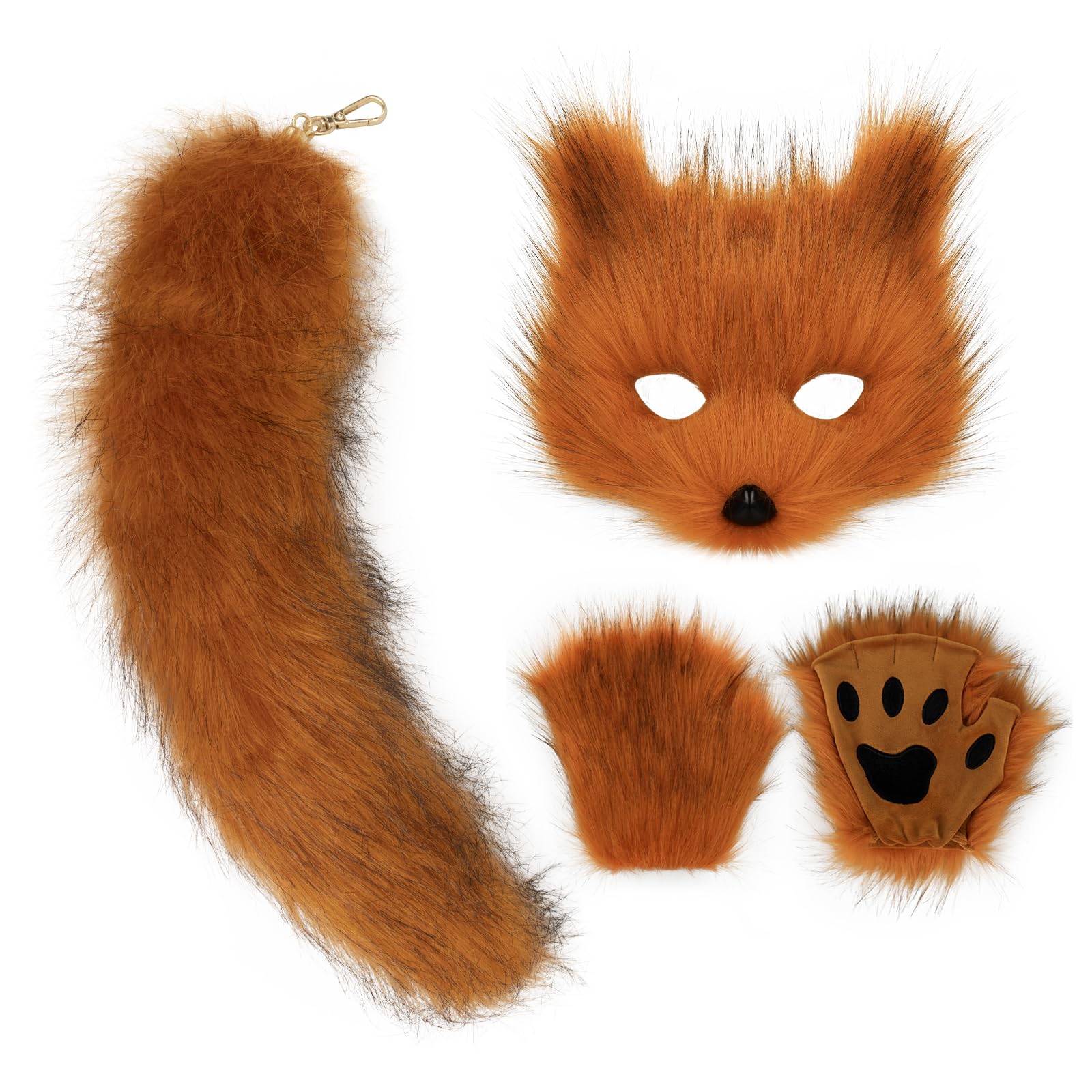 COSYEARS Cat Fox Mask Tail and Paws Gloves Set Furry Animal Therian Kit Masquerade Halloween Costume Accessory