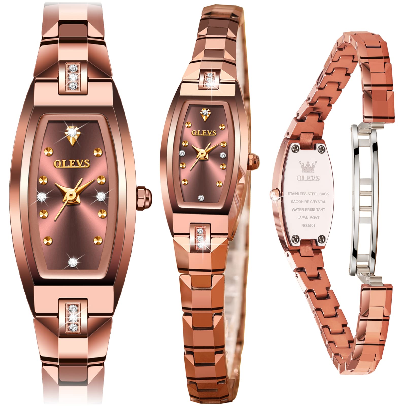 Olevs Slim Thin Rose Gold Steel Band Tonneau Square Quartz Waterproof Wristwatch Square Watch Steel | Oceaneva Thin Watch in Blue and Rose Gold main image 3