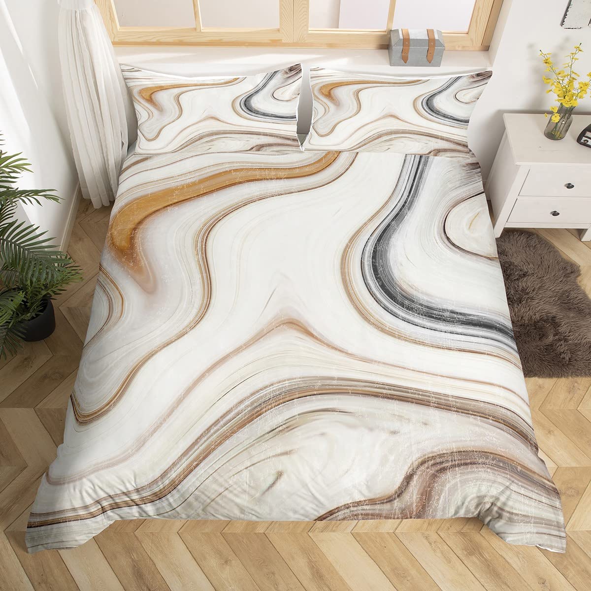 Homemissing Kids Beige Marble Bedding Set Retro Watercolor Artwork Bedding Duvet Cover Set Abstract Marble Texture Printed Comforter Cover Set Beige Bedspread Cover Bedroom Quilt Cover 3Pcs Double