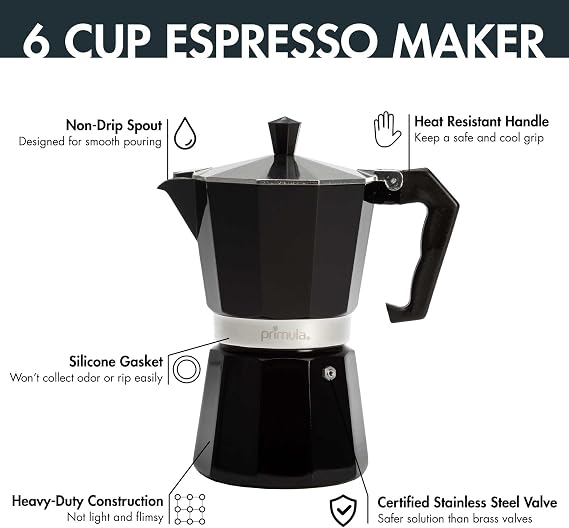 Primula Classic Moka Pot Stovetop Espresso and Coffee Maker, Italian and Cuban Cafetera for Rich Espresso Brewing, Durable Aluminum Greca Coffee Maker with Easy Grip Handle, 6-Cup, Black