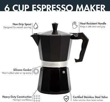 Primula Classic Moka Pot Stovetop Espresso and Coffee Maker, Italian and Cuban Cafetera for Rich Espresso Brewing, Durable Aluminum Greca Coffee Maker with Easy Grip Handle, 6-Cup, Black