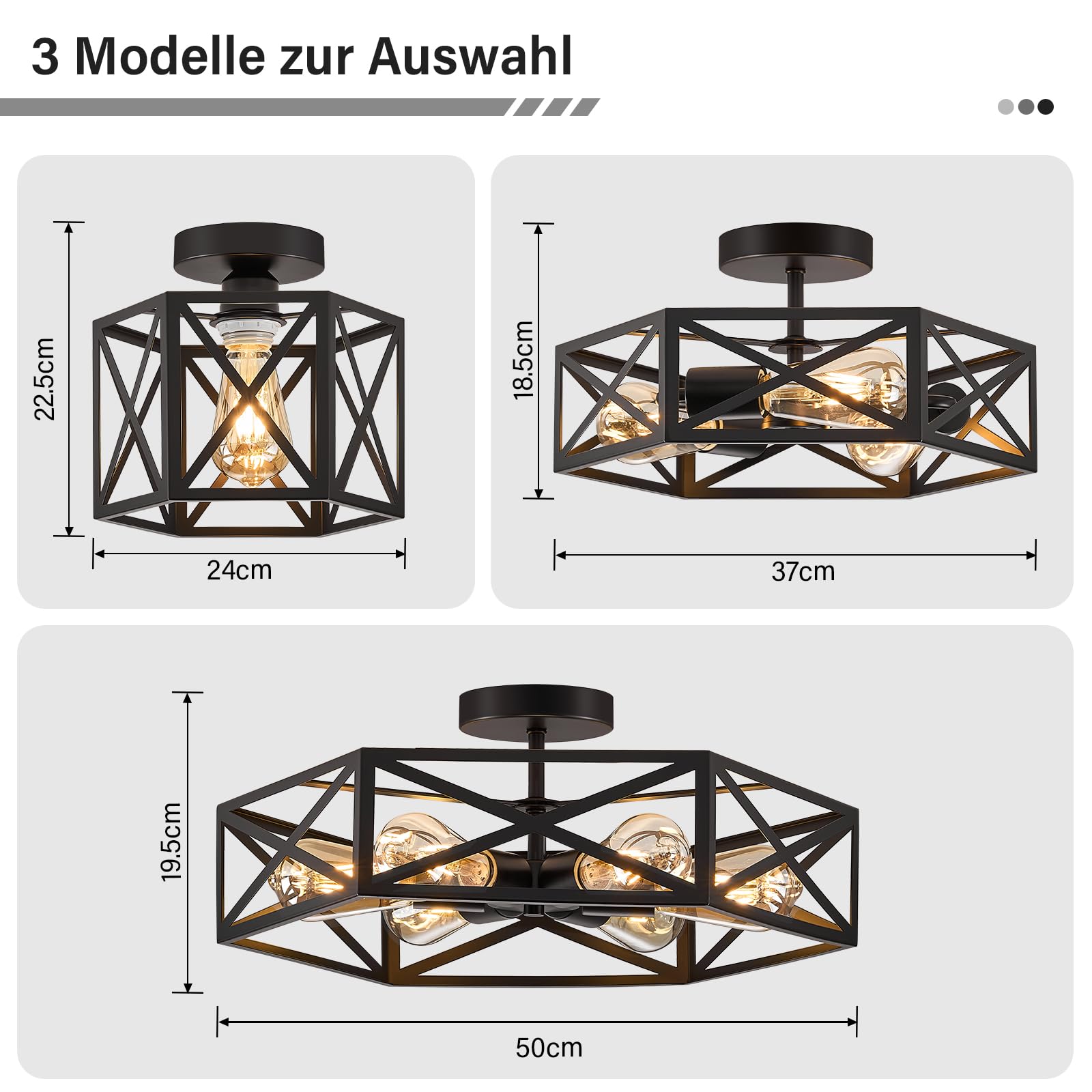 Qamra Deckenlampe Vintage Schwarz 3-flammig E27 Industrial Deckenleuchte Bauernhaus Metall Modern Käfig-Lichtarmatur für Küche, Flur, Schlafzimmer, Wohnzimmer, Eingangsbereich