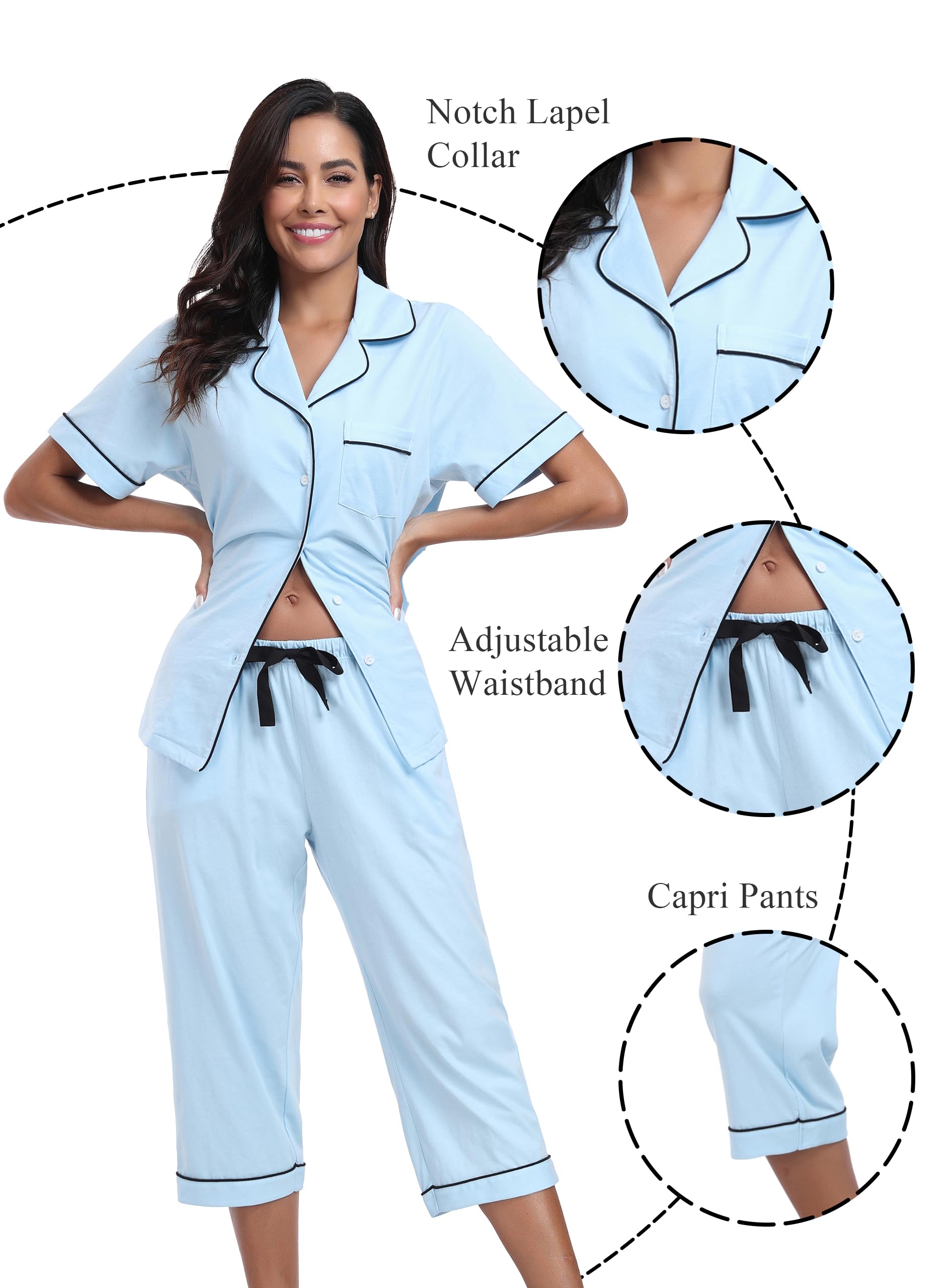 EA'S SECRET 100% Baumwolle Schlafanzug Damen Kurzarm-Oberteil 3/4 Hose Pyjama-Set V-Ausschnitt Knopfleiste Sommer S-XXL
