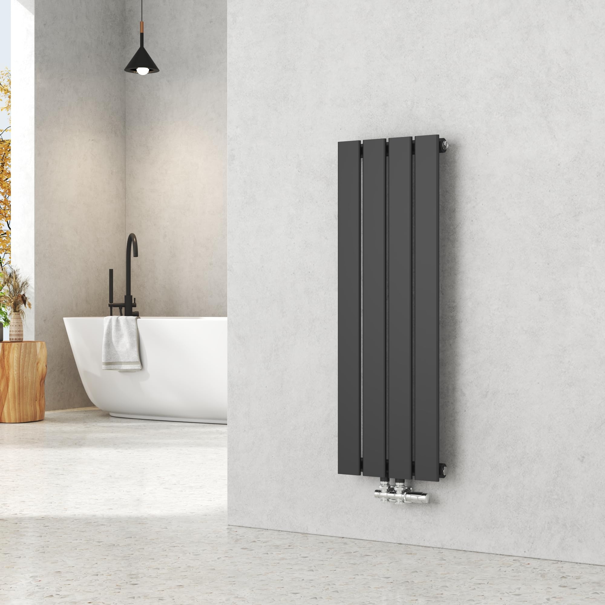 EMKE Radiador de agua caliente 90x30 cm, Radiador plano de solo capa con conexión central, Diseño montaje vertical en pared, Negro