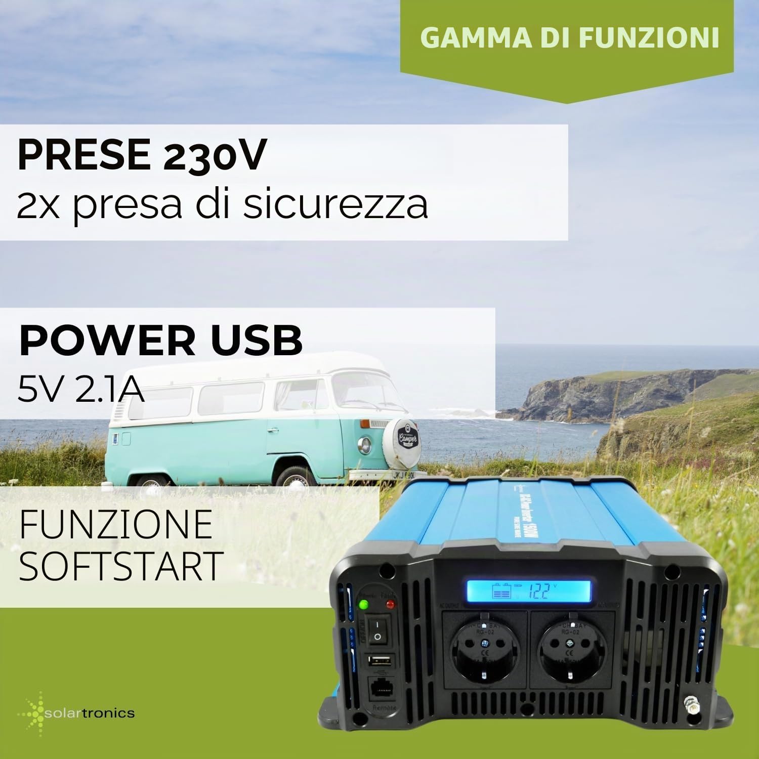 solartronics Convertitore di tensione FS1500D 12 V 1500/3000 Watt Pure Sinus Blue m. Display FS Serie LiFePO4 / Litio, Piombo, Gel o AGM batteria compatibile Inverter