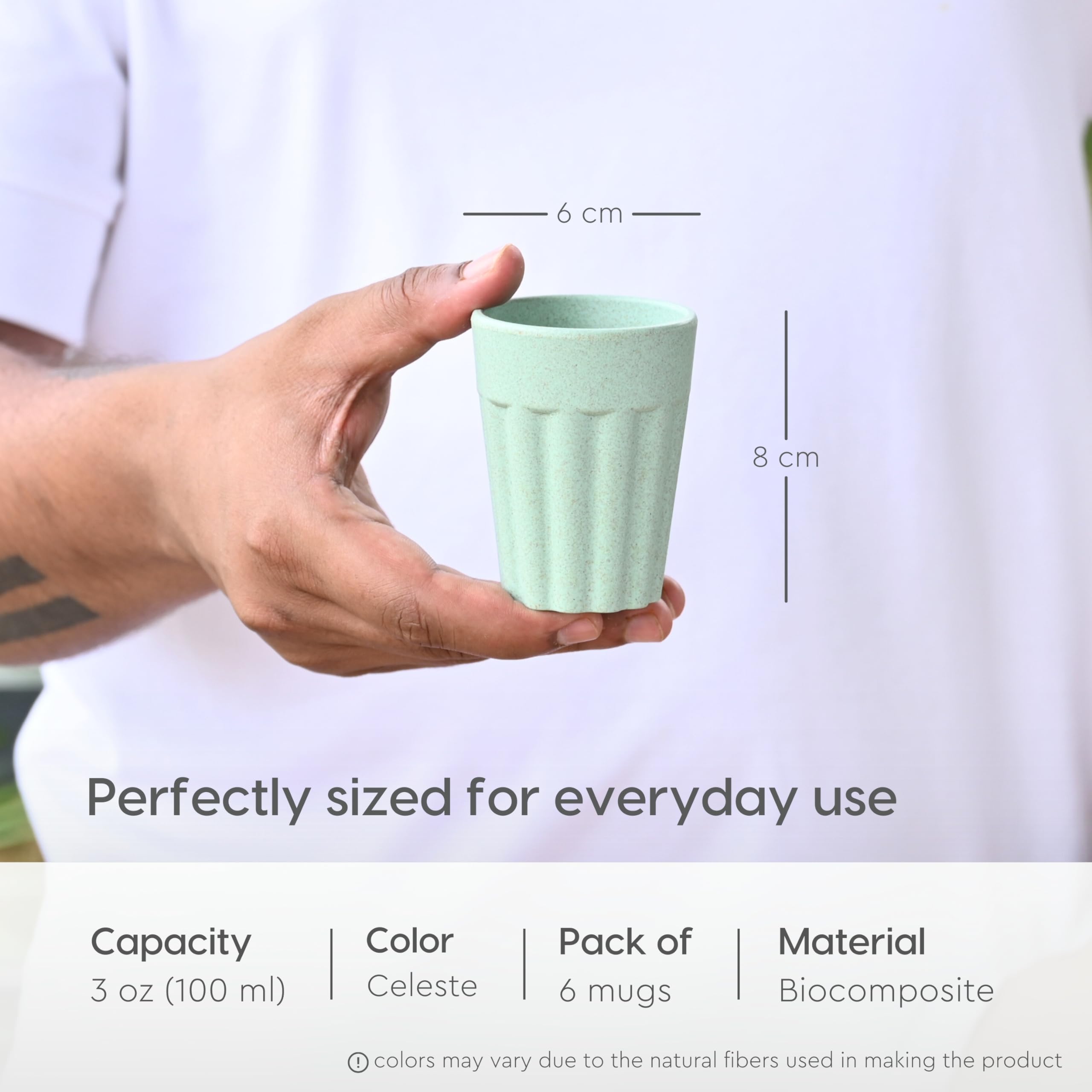 eha Set of 6 Earth-Friendly Cutting Chai Cups | 100 ml | Coffee Cup Made with Rice Husk & Bamboo Fibers | Microwave Safe Tea Set |Hot & Cold Coffee Mug, Milk & Tea Cup Set | Celeste Color 1