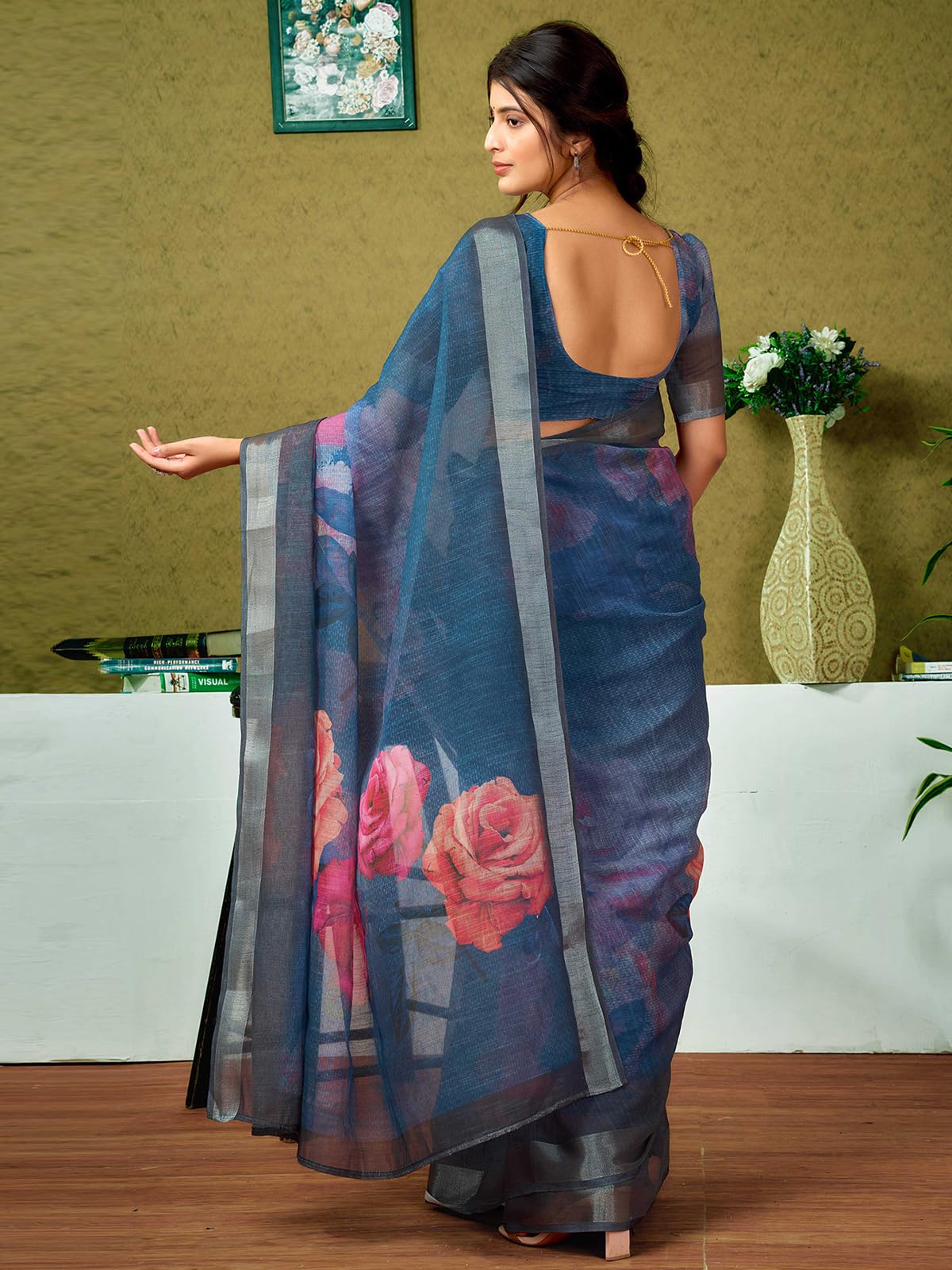 Satrani Women's Linen Printed & Zari Border Ready To Wear One Minute Pre Pleated Readymade Saree With Unstitched Blouse Piece (35Rs335N_Dark Blue & Multi)