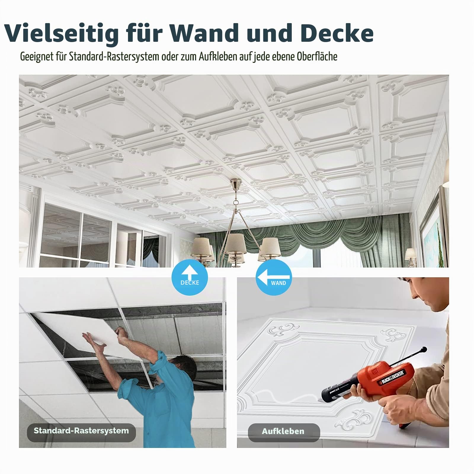 Art3d 12 Stück,4,5 m², Dekorative Deckenfliesen,Decken-Fliesen, 61 x 61 cm, Weiß Quadratisches Prägemuster