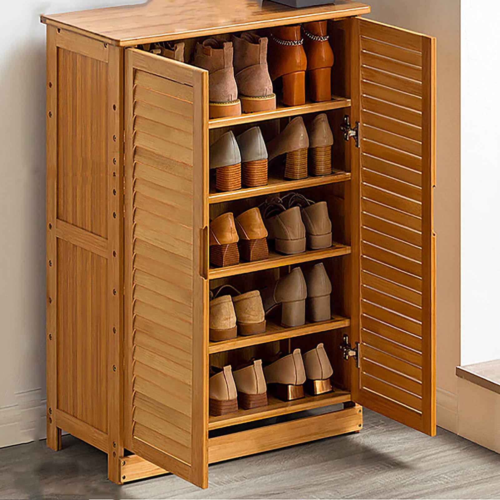 CHFQ5 Tiers Shoe Rack,Bamboo Shoe Rack Cabinet,Shoe Rack Storage Organizer,Shoe Shelf ​with Door,Space Saving Shoe Organizer For Entryway Door-Wood color 66x33x88cm