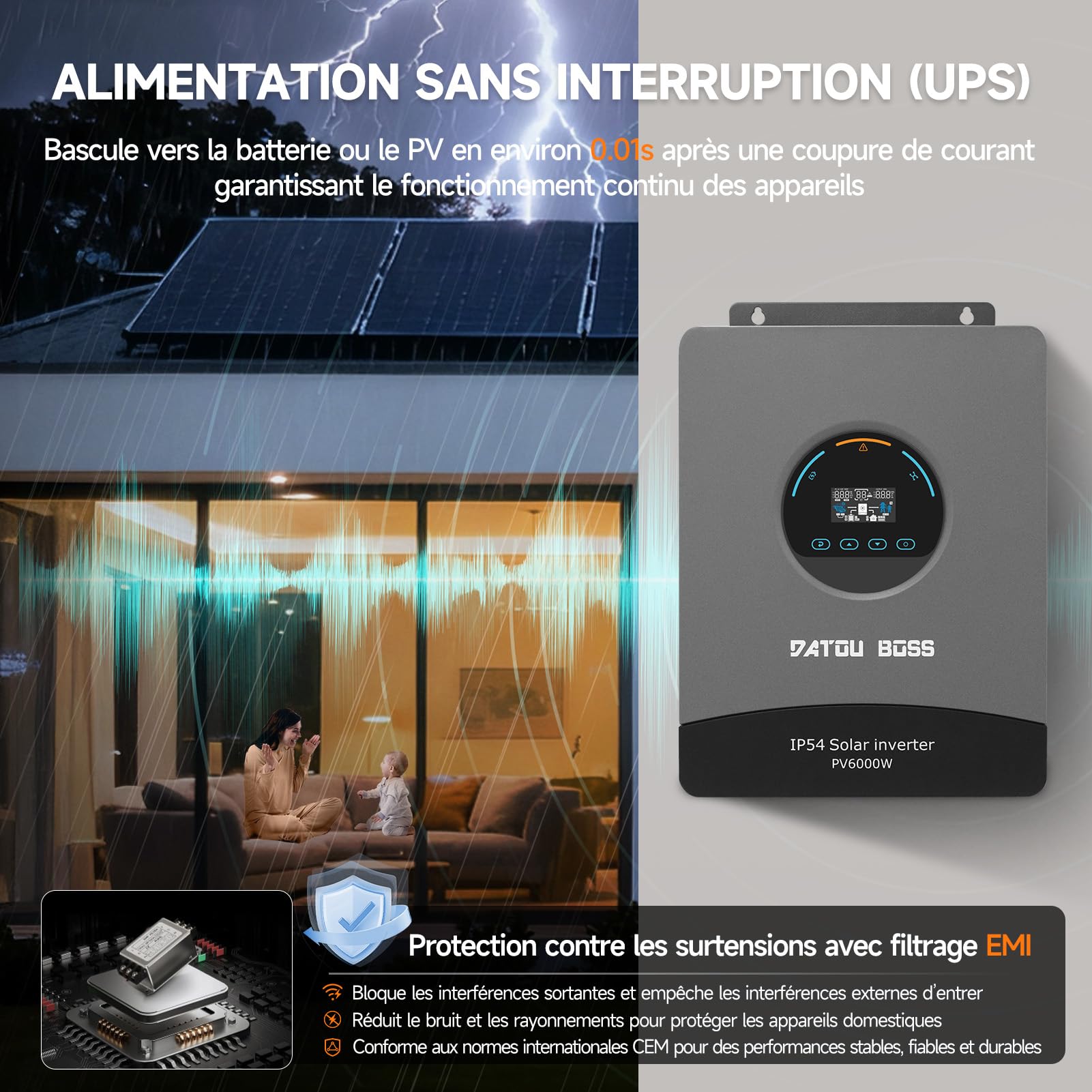 DATOUBOSS Onduleur Solaire Hybride 6000W 48V Pure Sinus, Champ PV jusqu'à 8000W, Régulateur MPPT intégré 120A, Protection Contre la Foudre et l'eau, Compatible avec Batteries Lithium 48V (48V 6000W)
