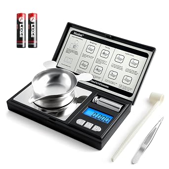 0.001g/50g Digital Milligram Scale with Cal Weight, Weighing Pan, Battery | Micro Scales with 6 Units, MODE, TARE and PCS Function, Pocket Gram Scale with Tweezer, Scoop for Powders, Jewelry, Medicine
