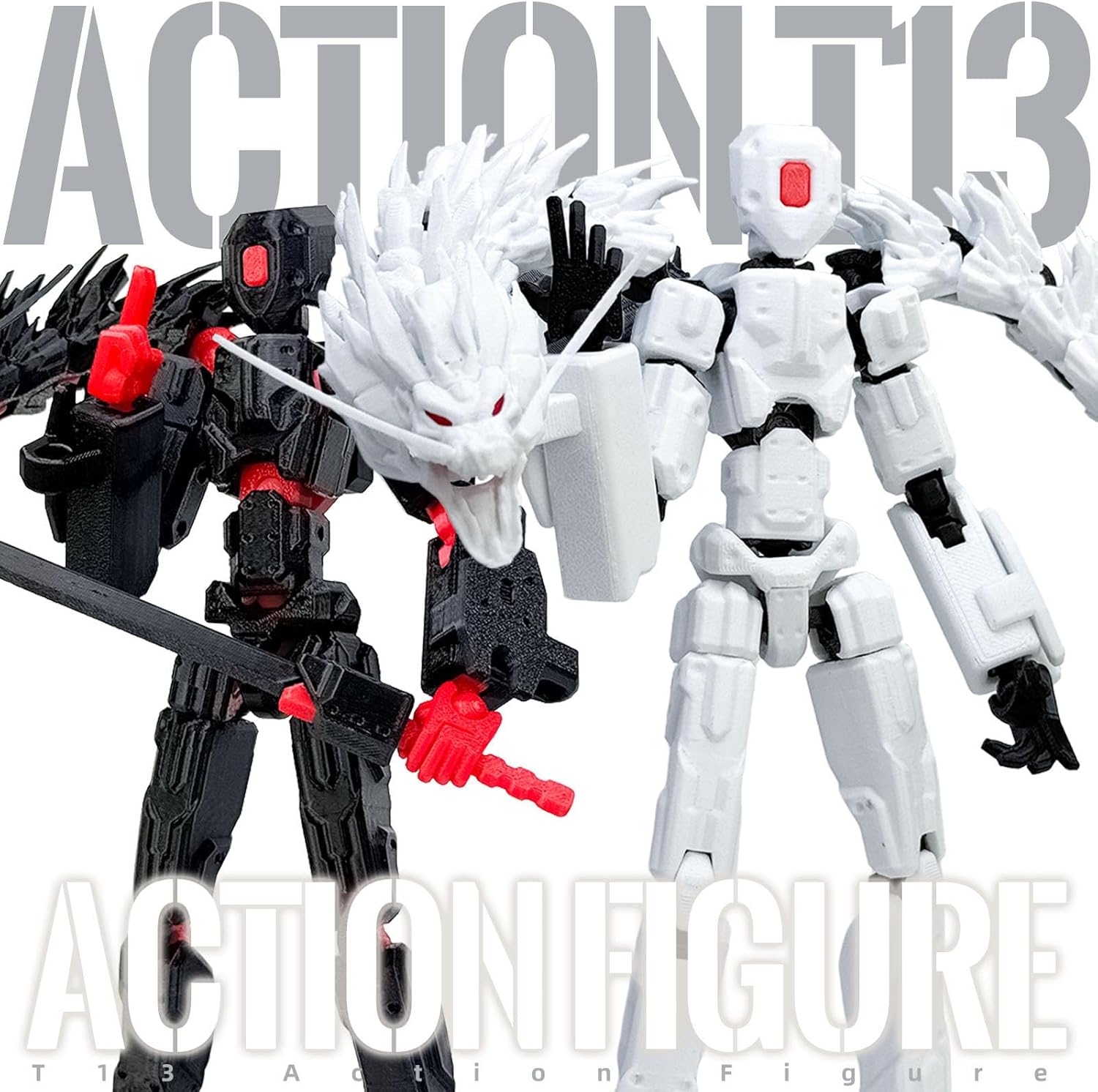 8inch T13 Assembly Completed Action Figure Set,T13 Multi-Jointed Movable There is a 3D Printed Dragon on his Body,for Collectors Desktop Decorations t-13 Movability 3D Printed Toys (White)