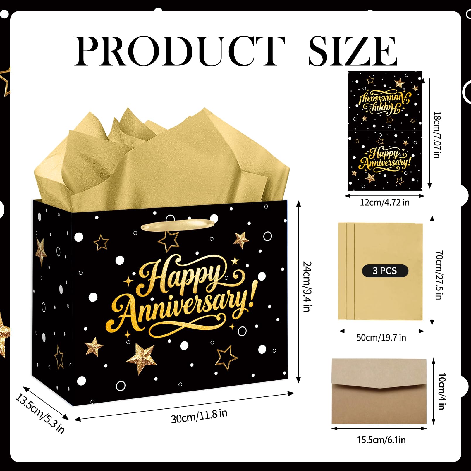 Black Gold Happy Anniversary Party Gift Bag - Large Wedding Gift Wrapping Bag with Tissue Paper and Greeting Card, Ideal for Wedding, Parents, 50th Golden Jubilee & Work Anniversary Party Decorations