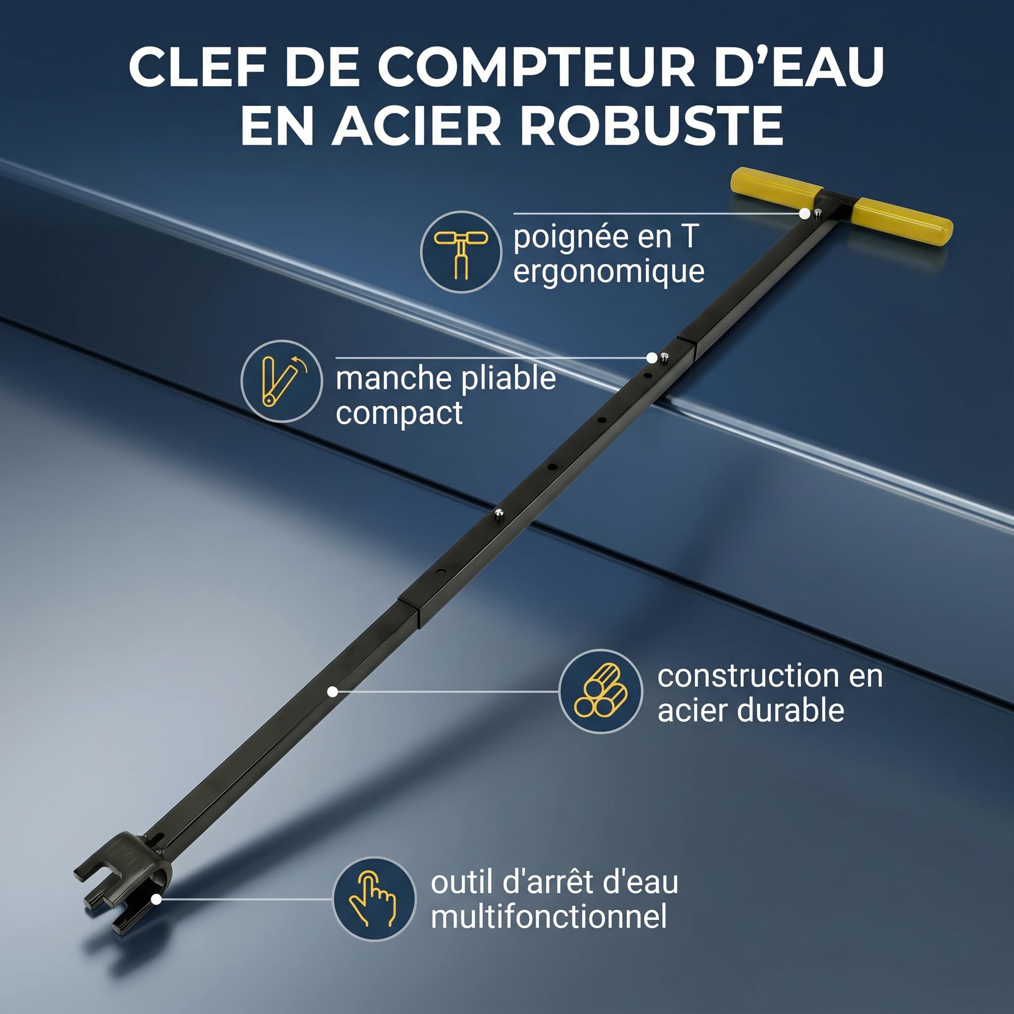 AUNMAS Clé de compteur d'eau multifonctionnelle, poignée en T pliable facile à ranger outil en acier pour réparation domestique et professionnelle des compteurs d'eau