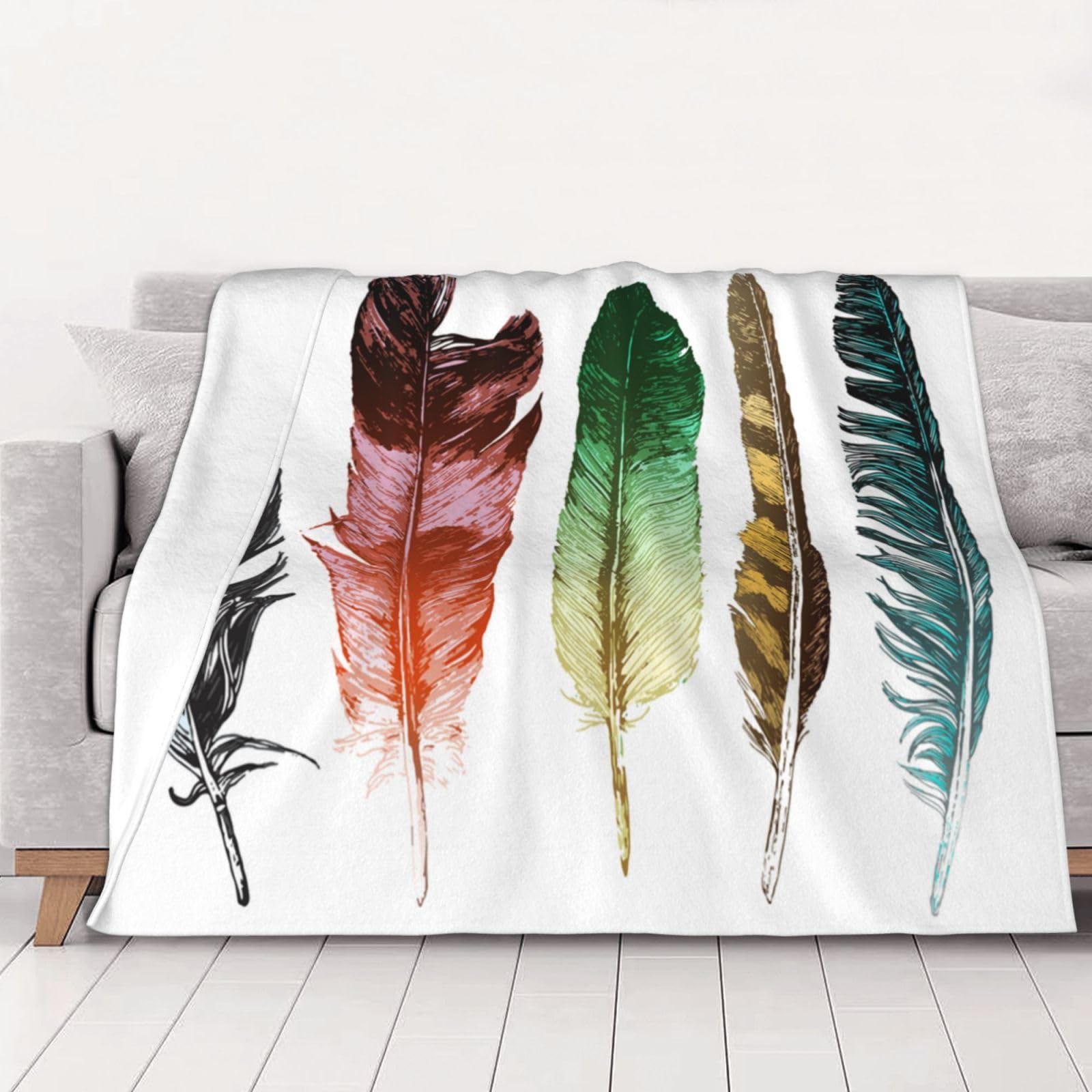 AUBKFELD colorful Hand Drawn Feathers On White Printed Flannel Blanket 150x125 CM, Soft & Warm Throw Blanket for Sofa/Couch/Bed/Car, Gifts for Audlts Women Men