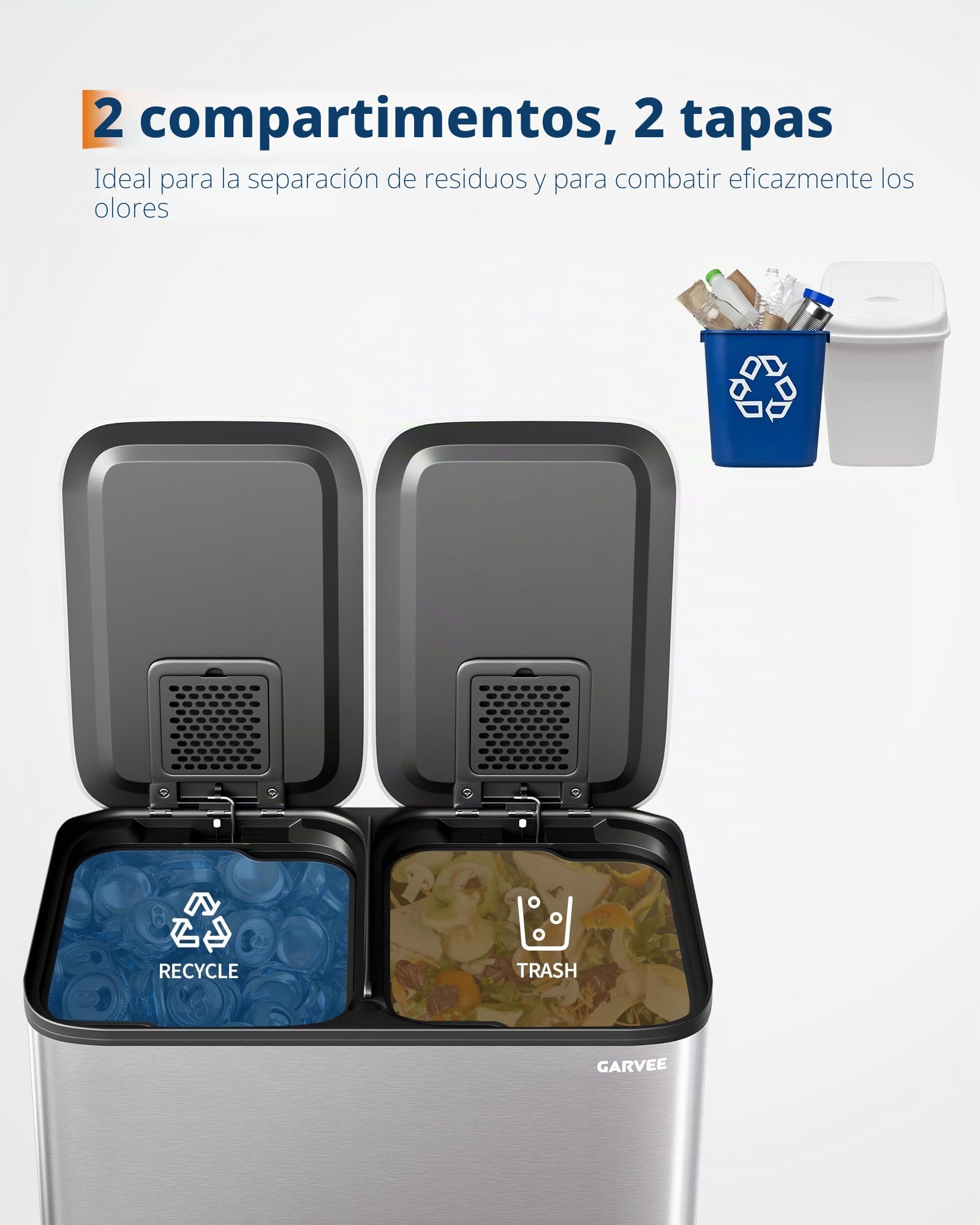 GarveeHome Cubo De Cocina 2x15L Separación Residuos, Pedal Acero Inoxidable, Pedales Independientes, Cierre Amortiguado, Cubos Internos Extraíbles, Reciclaje Residuos Orgánicos (Acero inoxidable)