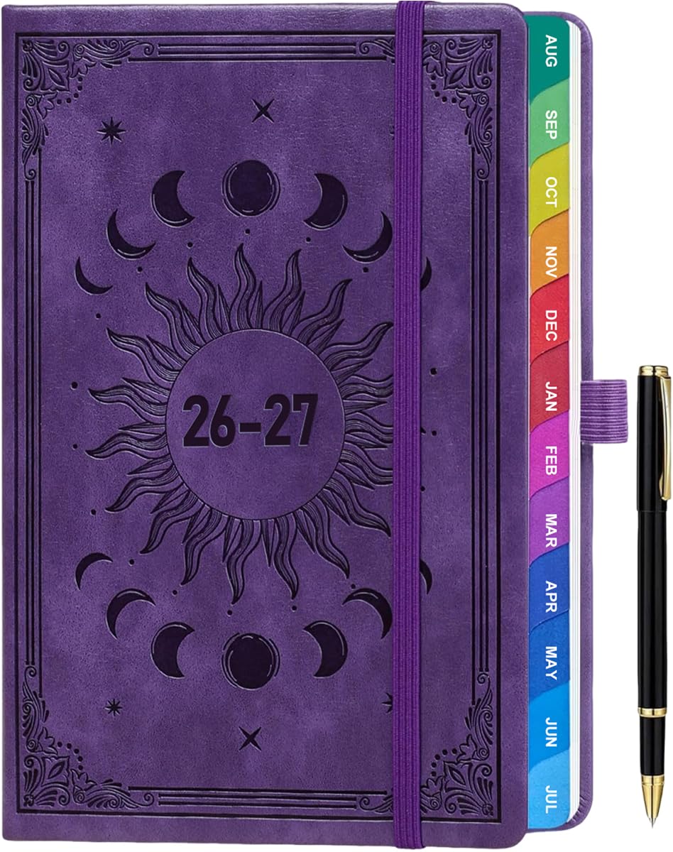 Academic Diary 2026-2027 Week to View A5, Aug 2026 - July 2027, Sun & Moon Cover, Colorful Tabs, Notes, Pen Set, Pocket, Hardcover, Size 5.9" × 8.5" - Purple