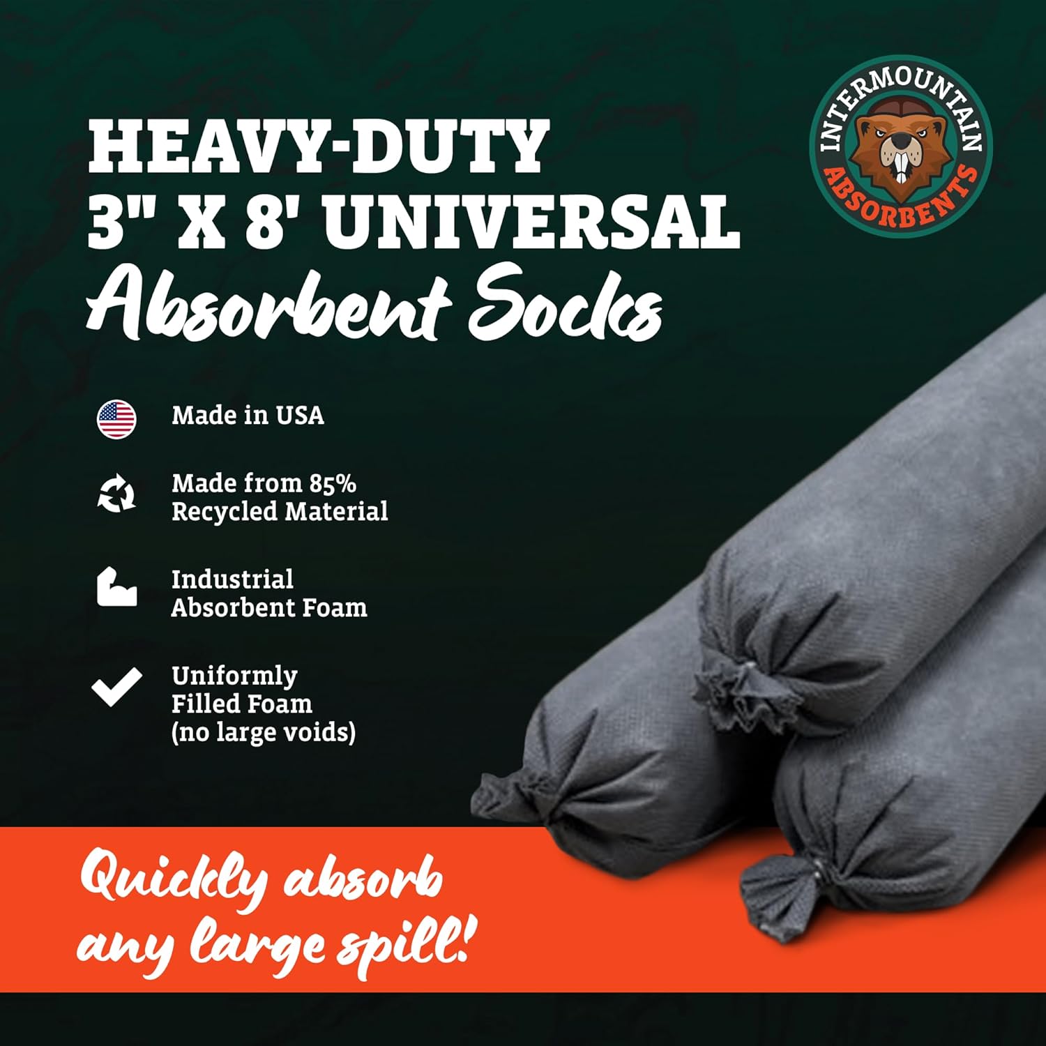 Intermountain Absorbents Universal Absorbent Socks - 3"x8' (3 Pack) 1 Gallon per Sock - Oil Spill Flood Barriers for Home Exterior, Water Socks & Oil Cleanup Absorbers, Garage Flood Barrier