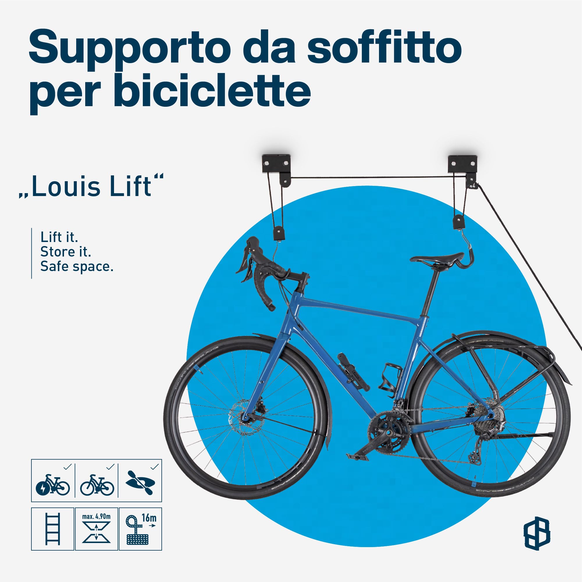 Supporto per bicicletta da soffitto per garage con puleggia | Supporto da parete per bicicletta, box da tetto, canoa ecc. | Sospensione "Louis Lift" | 70002