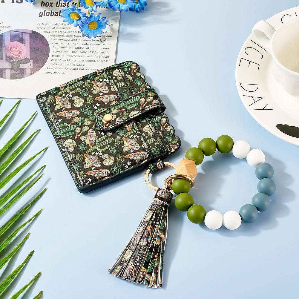 FASHEWELRY Silicone Key Ring Bracelet Keychain Dark Green Wallet Beaded Keychain Wristlet With Pu Leather Card Wallet Key Ring Card Holder Tassel Cute Keychains for Women - Image 2