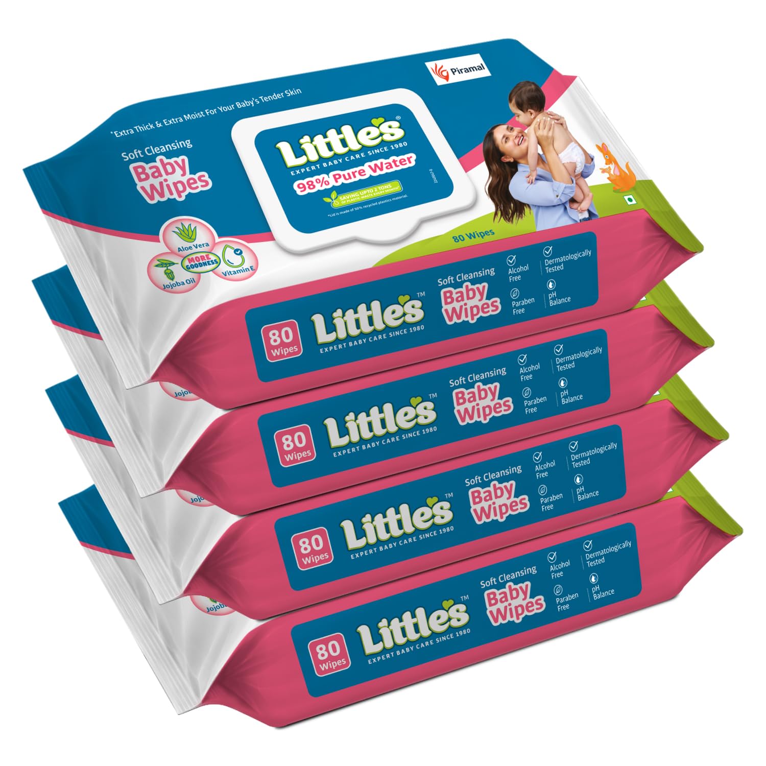 Little's Soft Cleansing Baby Wipes with Lid | 80 Wipes x Pack of 4 - 320 Wipes | Extra Thick & Moist Wet Wipes for Baby's | Prevents Rashes & Redness with Goodness of Aloe Vera, Vitamin E & Jojoba Oil