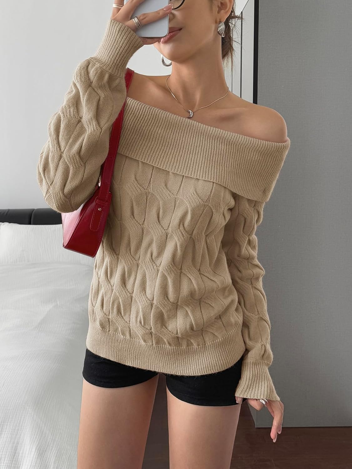 Women Off Shoulder Sweater Long Sleeve Chunky Cable Knit Pullover Tops Fall Winter Fashion Y2k Grunge Preppy Clothes - Image 5
