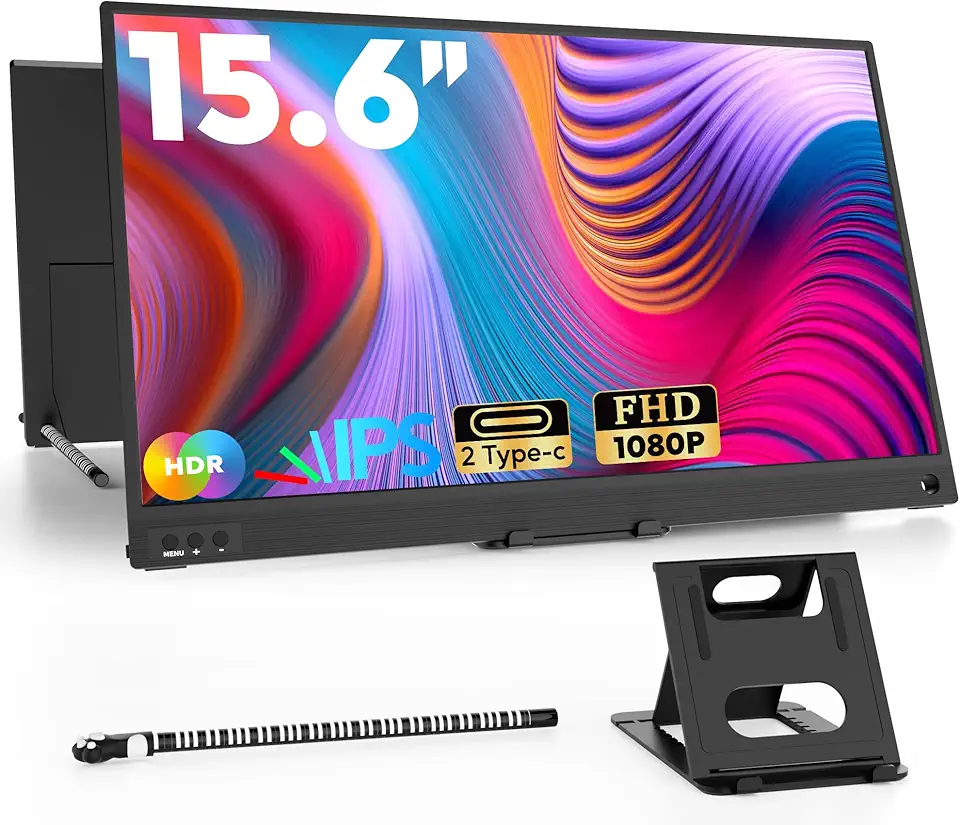 ZSCMALLS Tela portátil, monitor estendido de 15,6 polegadas 1080p, tela portátil 1000:1 100% sRGB USB-C HDMI para laptop, tela de viagem HDR com alto-falantes e Smart para PC PS5/4 Xbox Switch