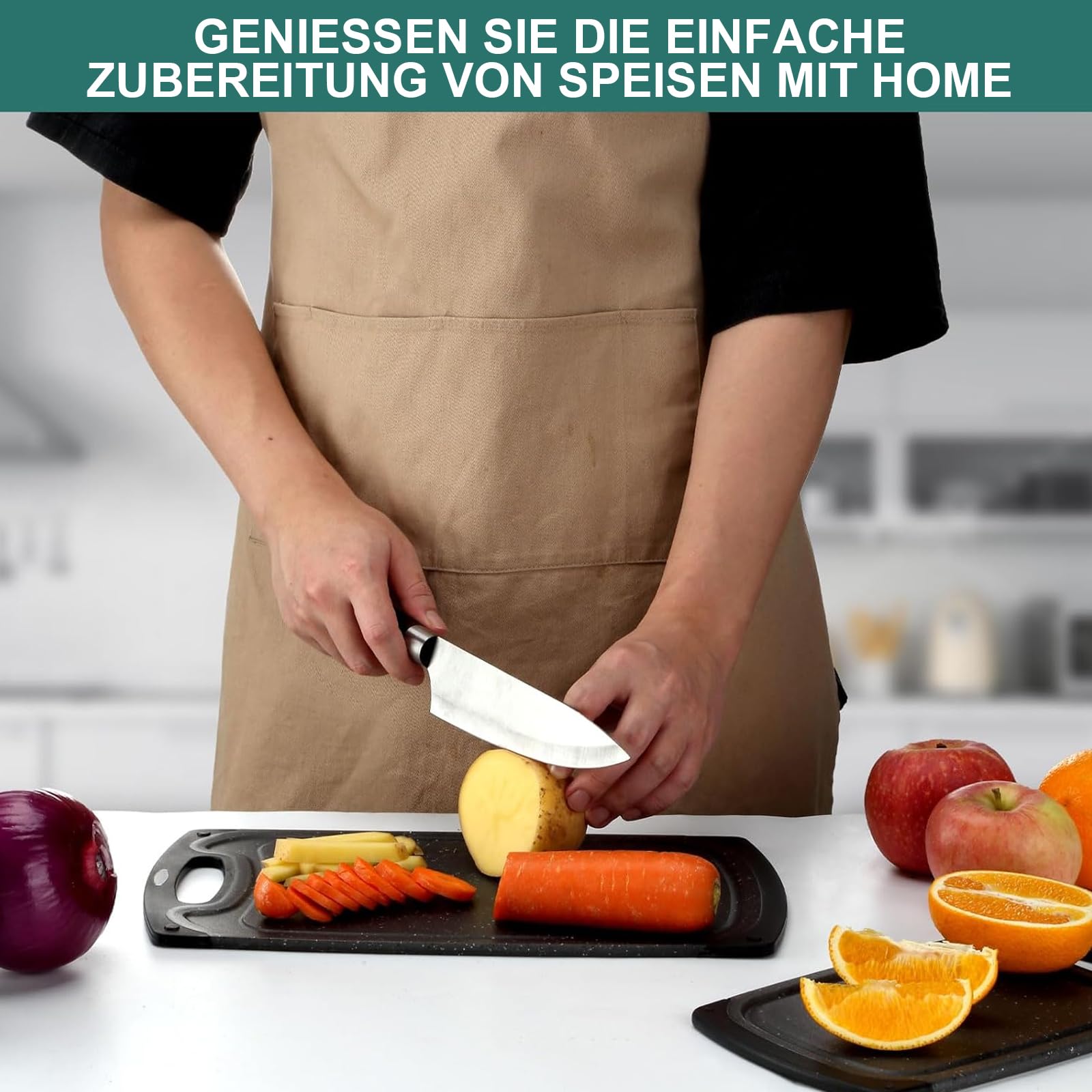 tabla de cortar para cocina, juego de 3 tablas de cortar de plástico, con canal para recoger jugos y diseño antiderrame + orificios para y guardar. negro.