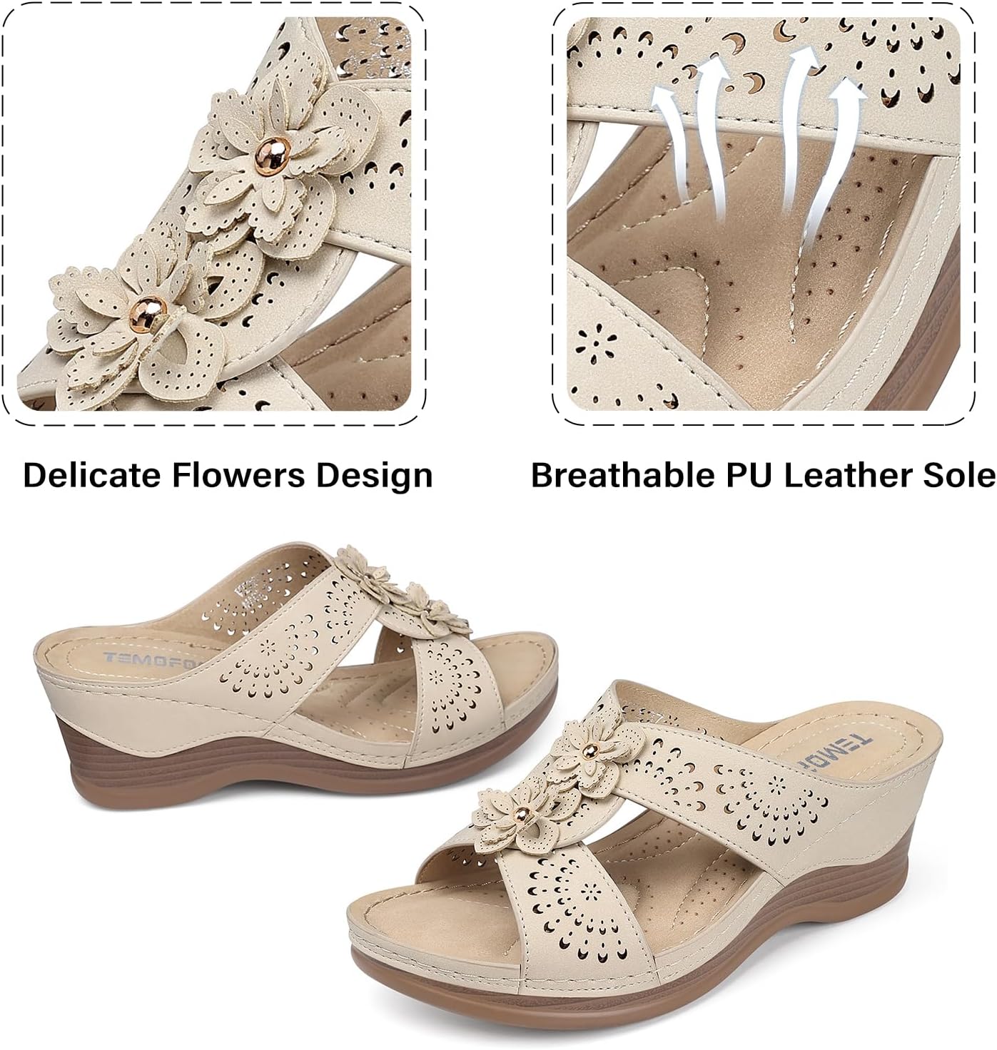 TEMOFON Womens Wedge Sandals Leather: Dressy Sandal, Rubber Sole, Comfortable Walking, Casual Slip on Summer Shoes, Size 5-11 - Image 4